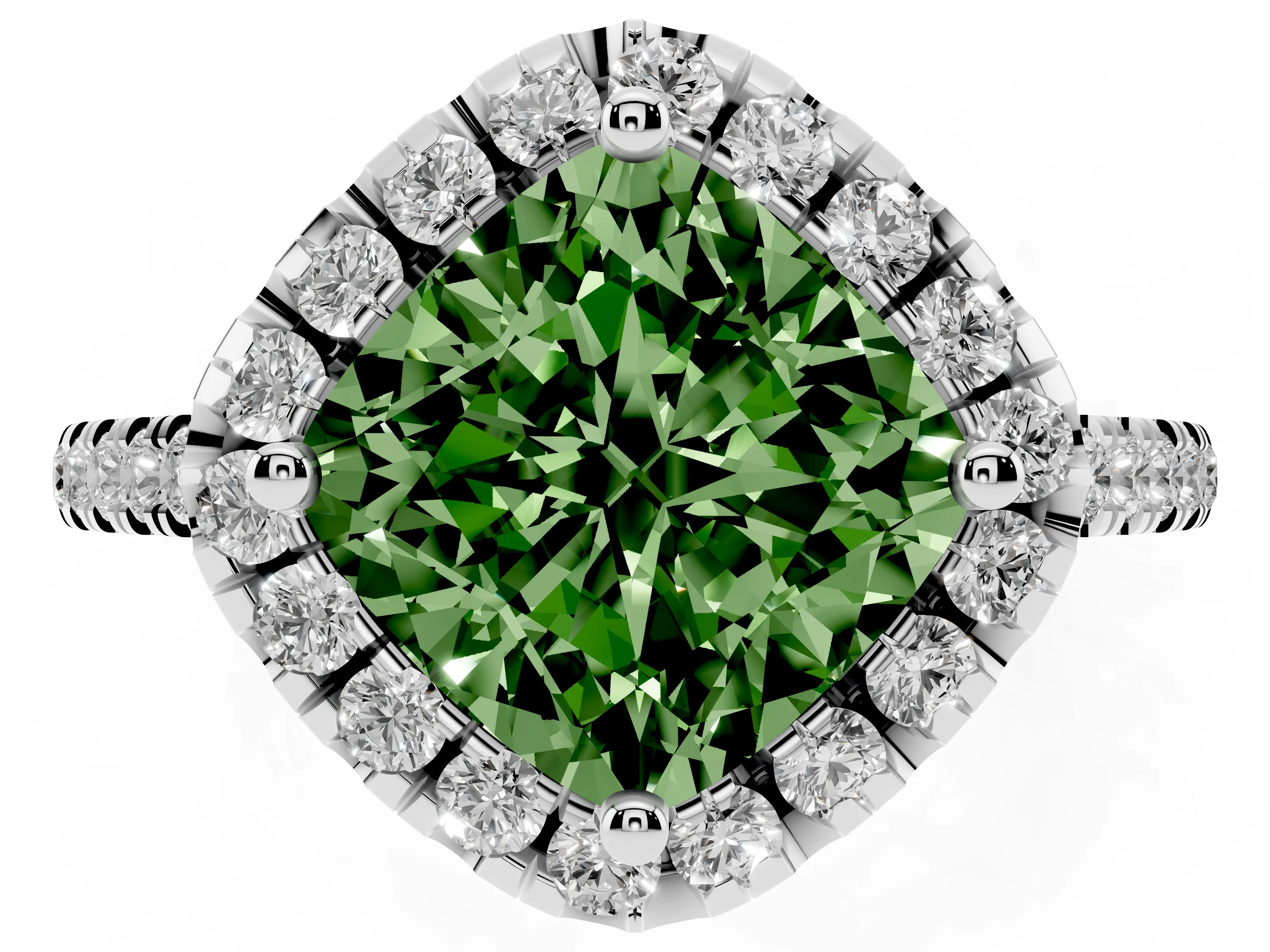 Fancy Green Cushion Cut Diamond Cushion Halo Ring Set in Silver with Pavé Band