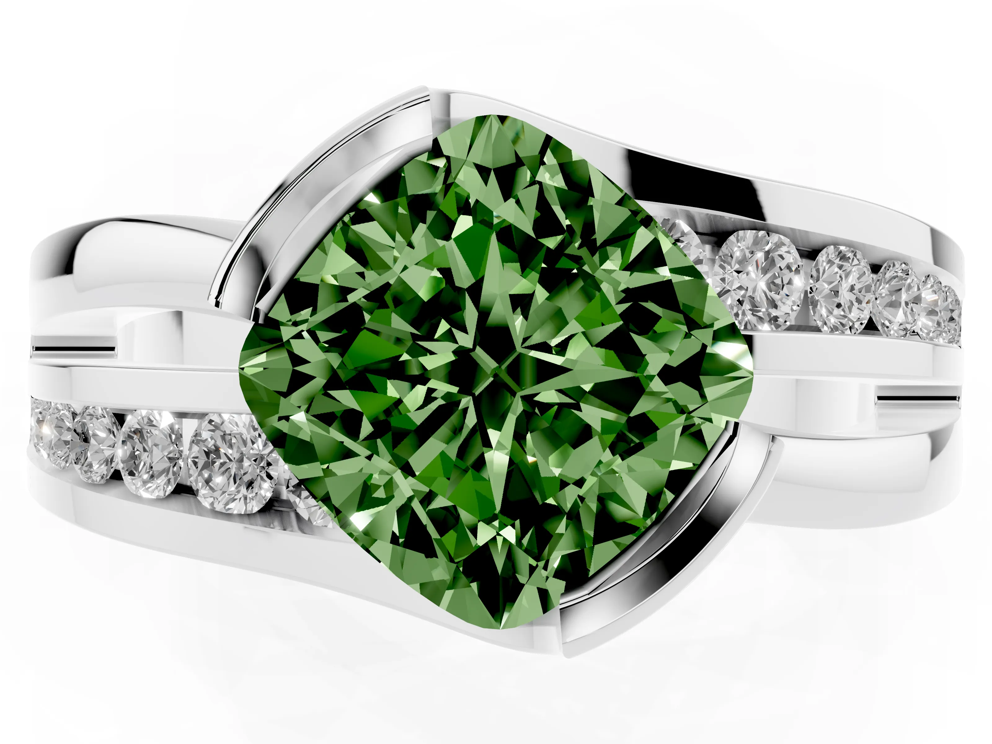 Fancy Green Cushion Cut Diamond Solitaire Ring Set in White gold with Channel Set Split Shank and Tension Prongs
