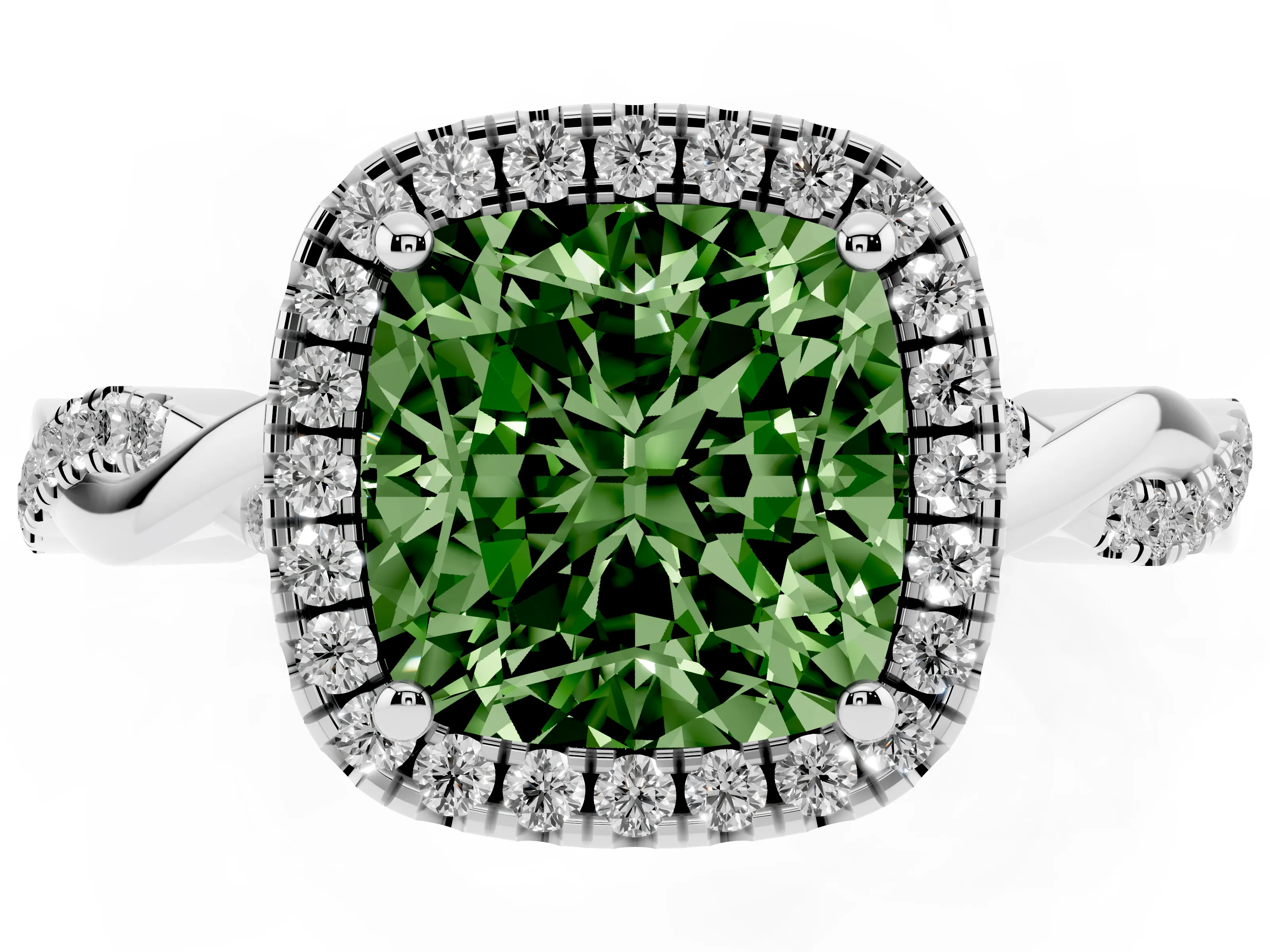 Fancy Green Cushion Cut Diamond Halo Twisted Band Ring Set in Platinum with Prong Setting