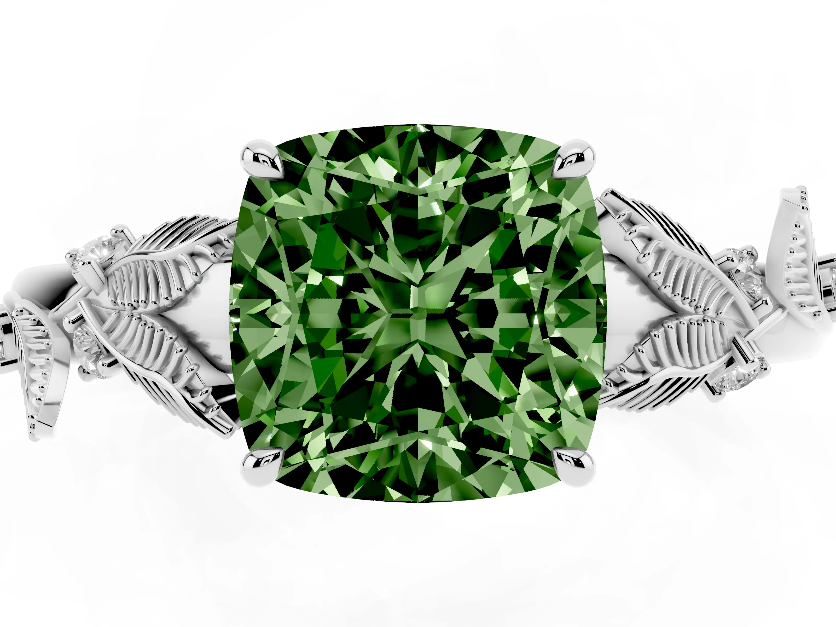 Fancy Green Cushion Cut Diamond Solitaire Ring Set in White gold with Leaf Motif Band