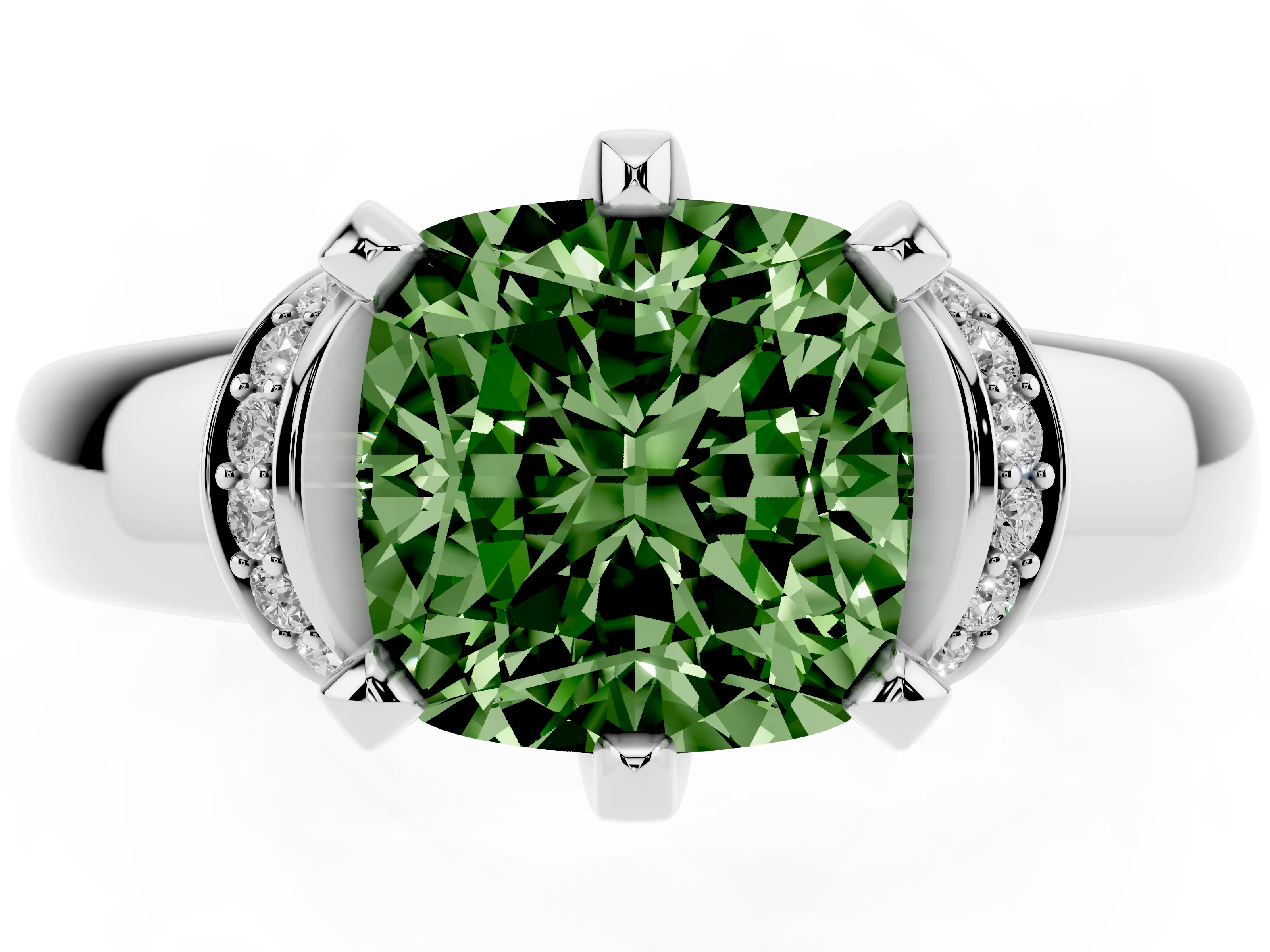 Fancy Green Cushion Cut Diamond Pavé Band Solitaire Ring Set in Silver with Prong Setting