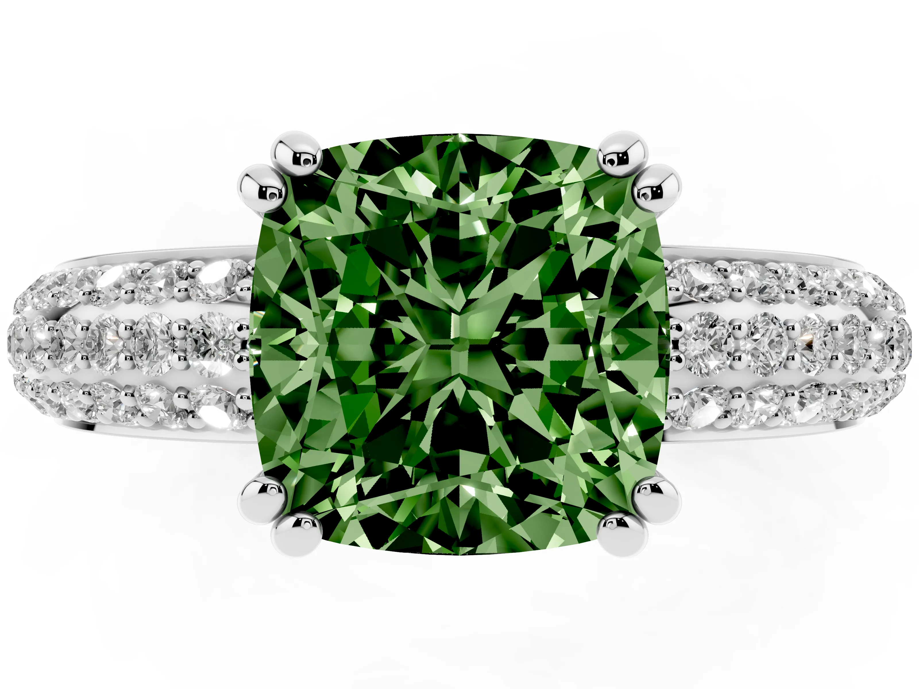 Fancy Green Cushion Cut Diamond Solitaire Ring Set in White gold with Multi-Row Round Pavé Band and Prong Setting