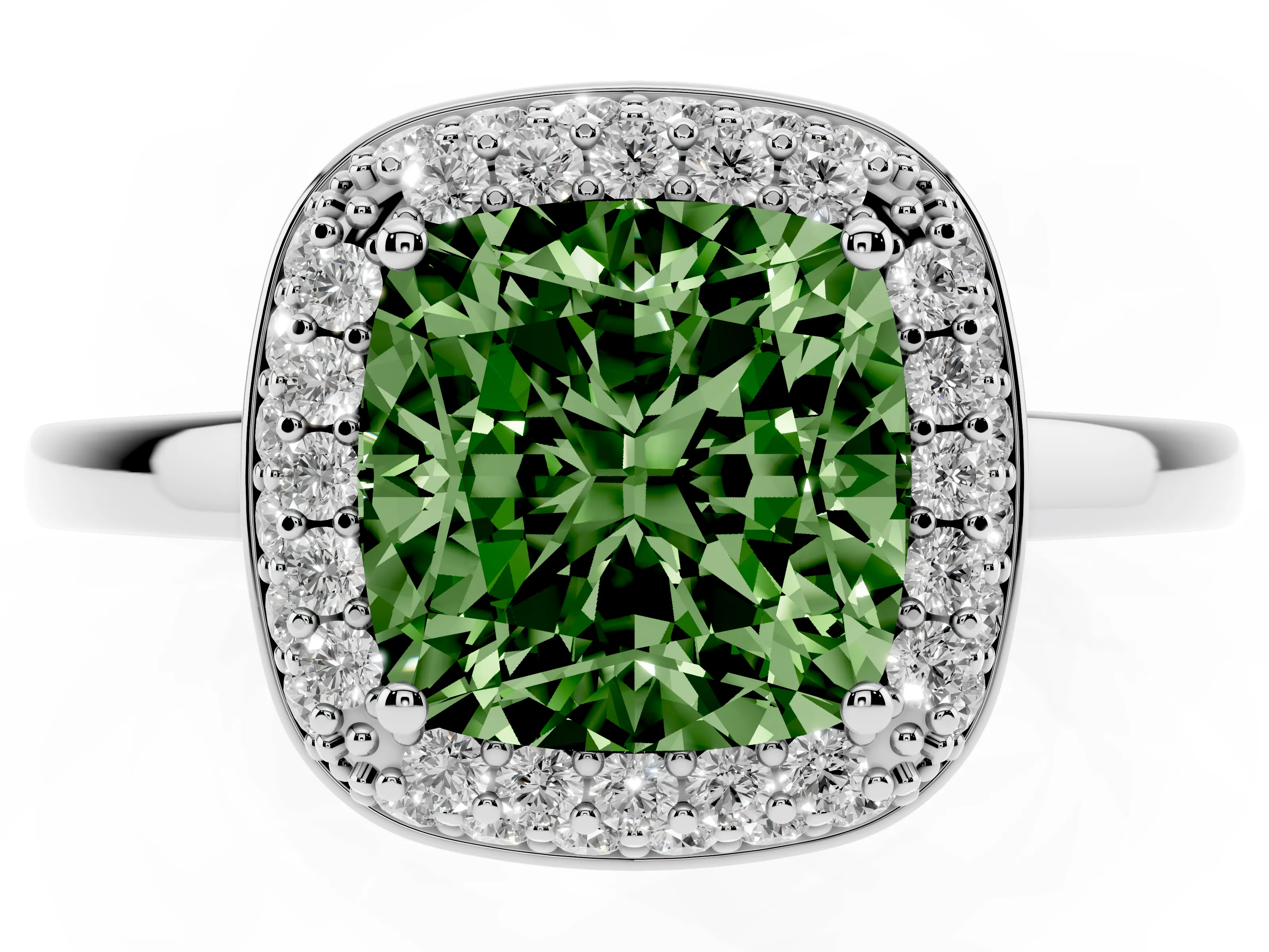 Fancy Green Cushion Cut Diamond Halo Engagement Ring Set in Platinum with Solitaire Band and Prong Setting