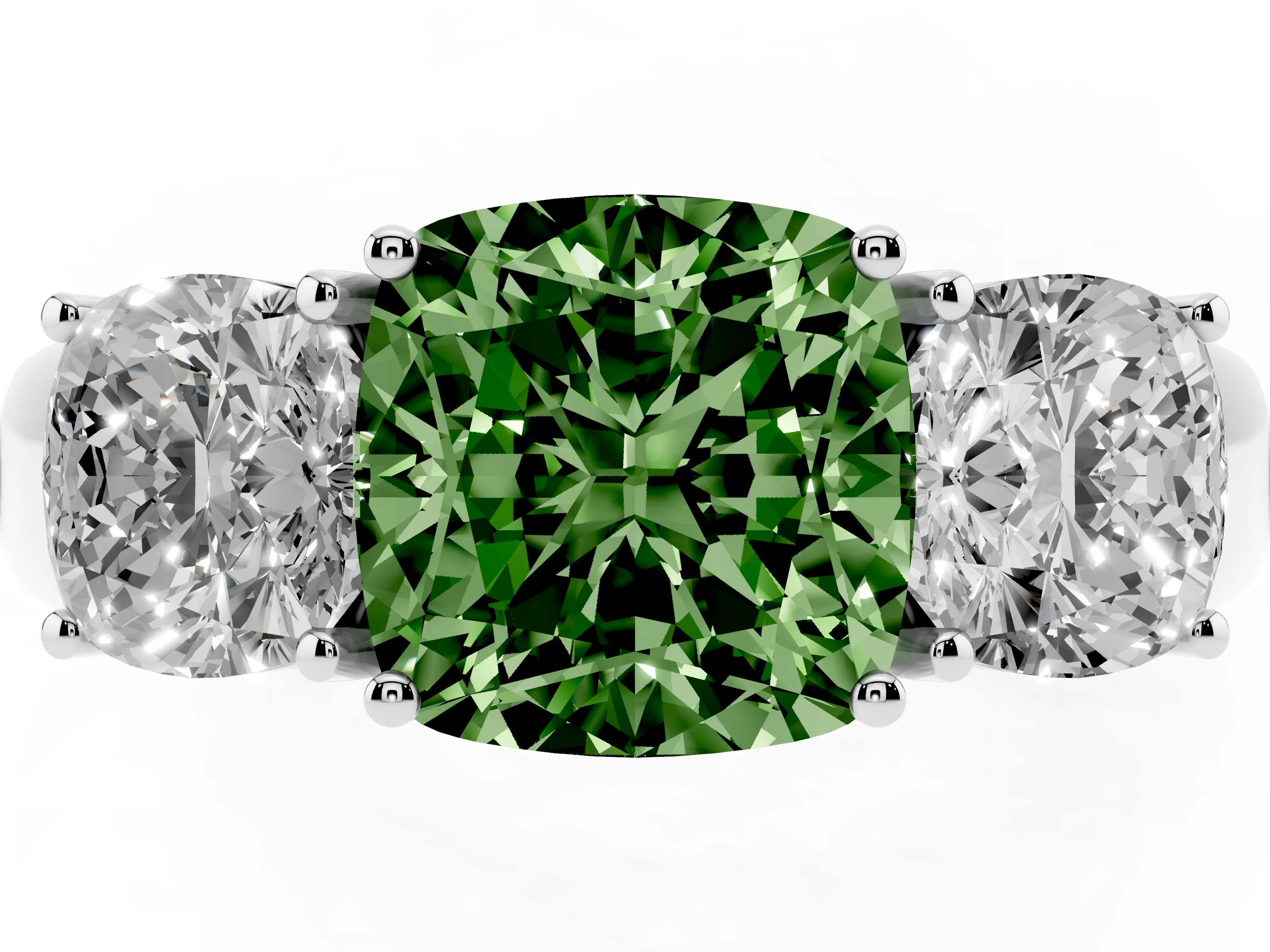 Fancy Green Three-Stone Cushion Cut Diamond Ring Set in Platinum with Matching Prong Settings and Plain Band