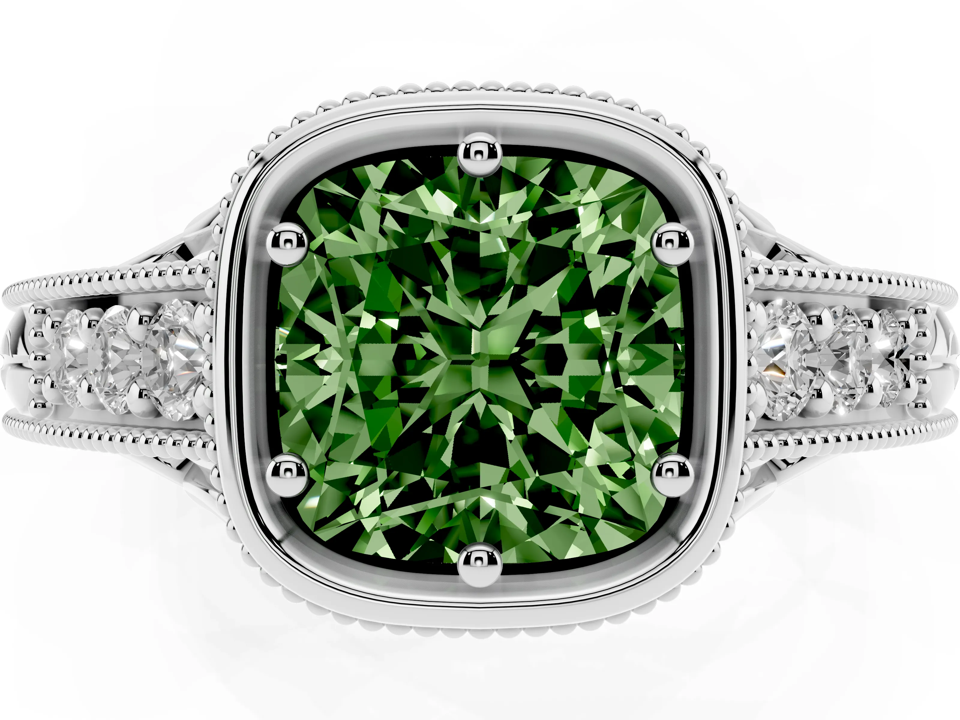 Fancy Green Bezel Set Cushion Cut Diamond Milgrain Pavé Engagement Ring Set in Silver
