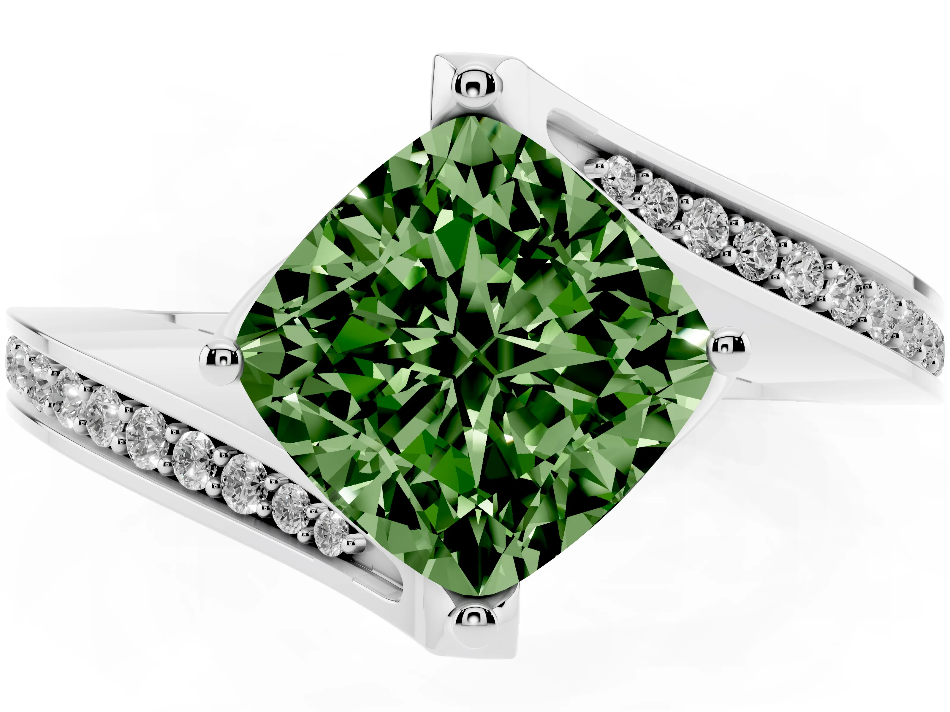 Fancy Green Cushion Cut Diamond Solitaire Ring Set in Platinum with Intertwined Pavé Twist Band