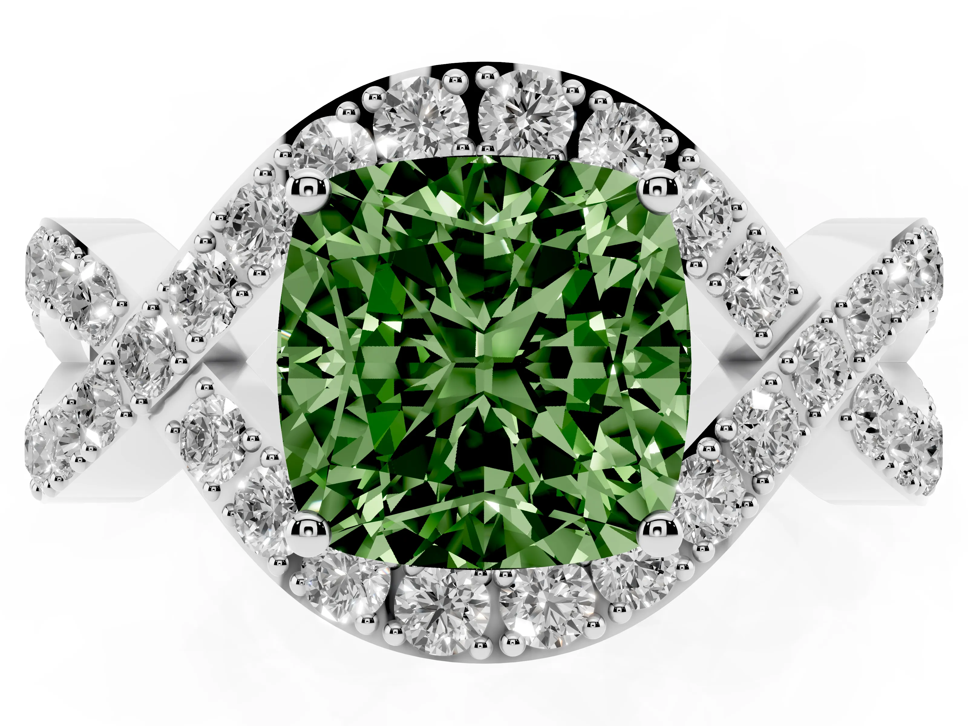 Fancy Green Cushion Cut Diamond Solitaire Twist Band Pavé Engagement Ring Set in Platinum