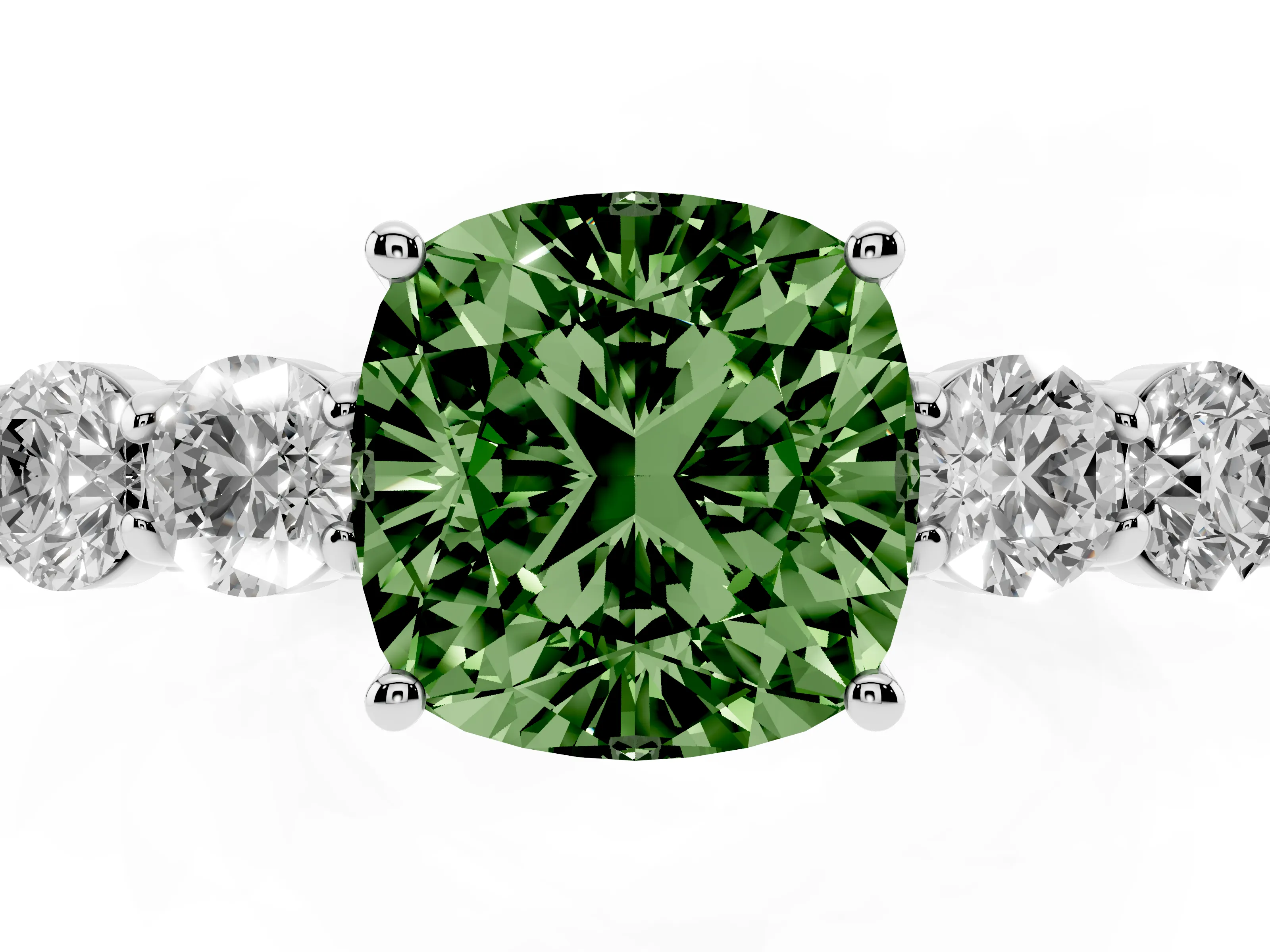 Fancy Green Cushion Cut Diamond Five-Stone Prong Set Band Ring Set in White gold with Polished Band