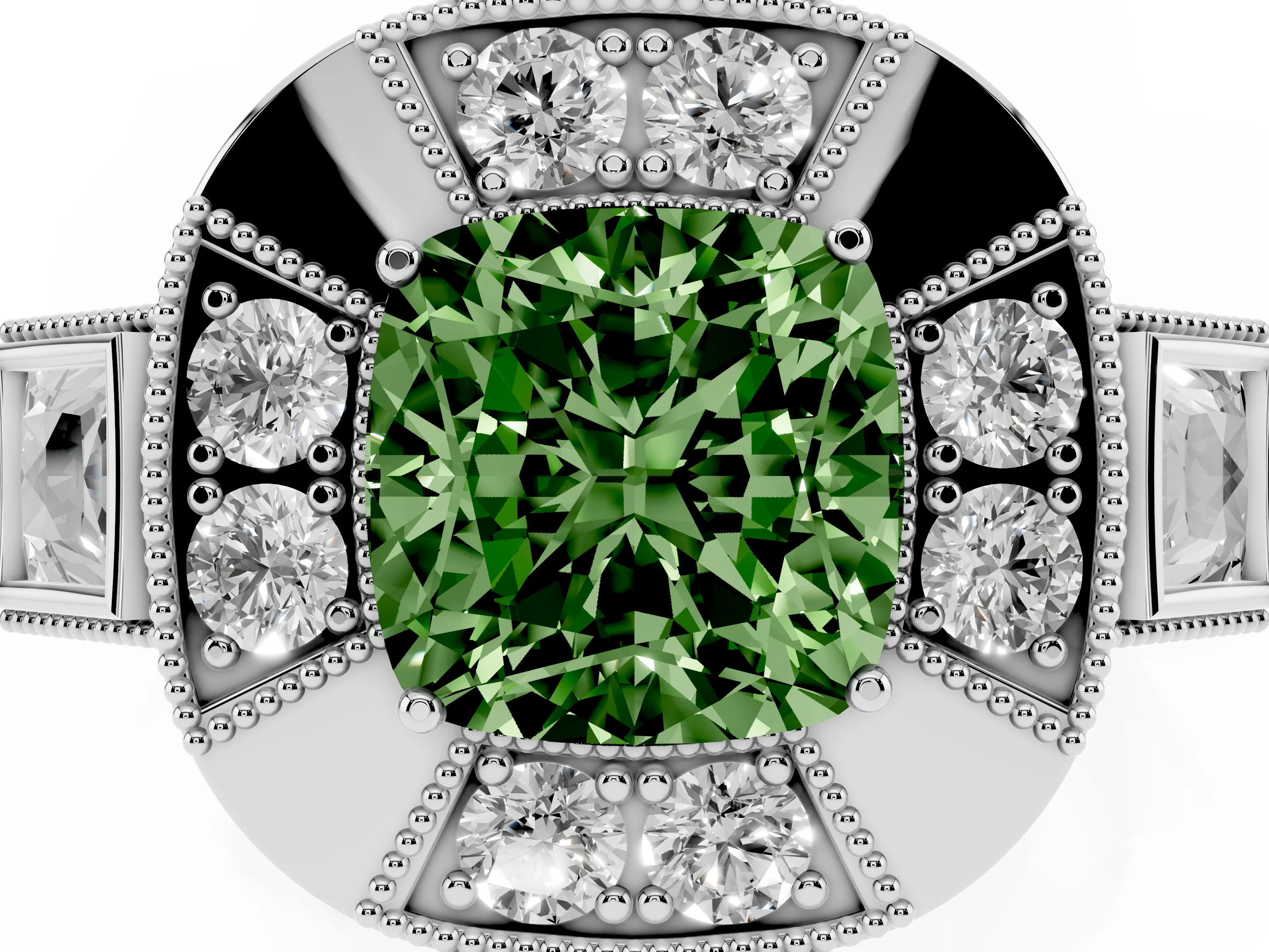 Fancy Green Cushion Cut Diamond Milgrain Halo Ring Set in Platinum with Split Shank
