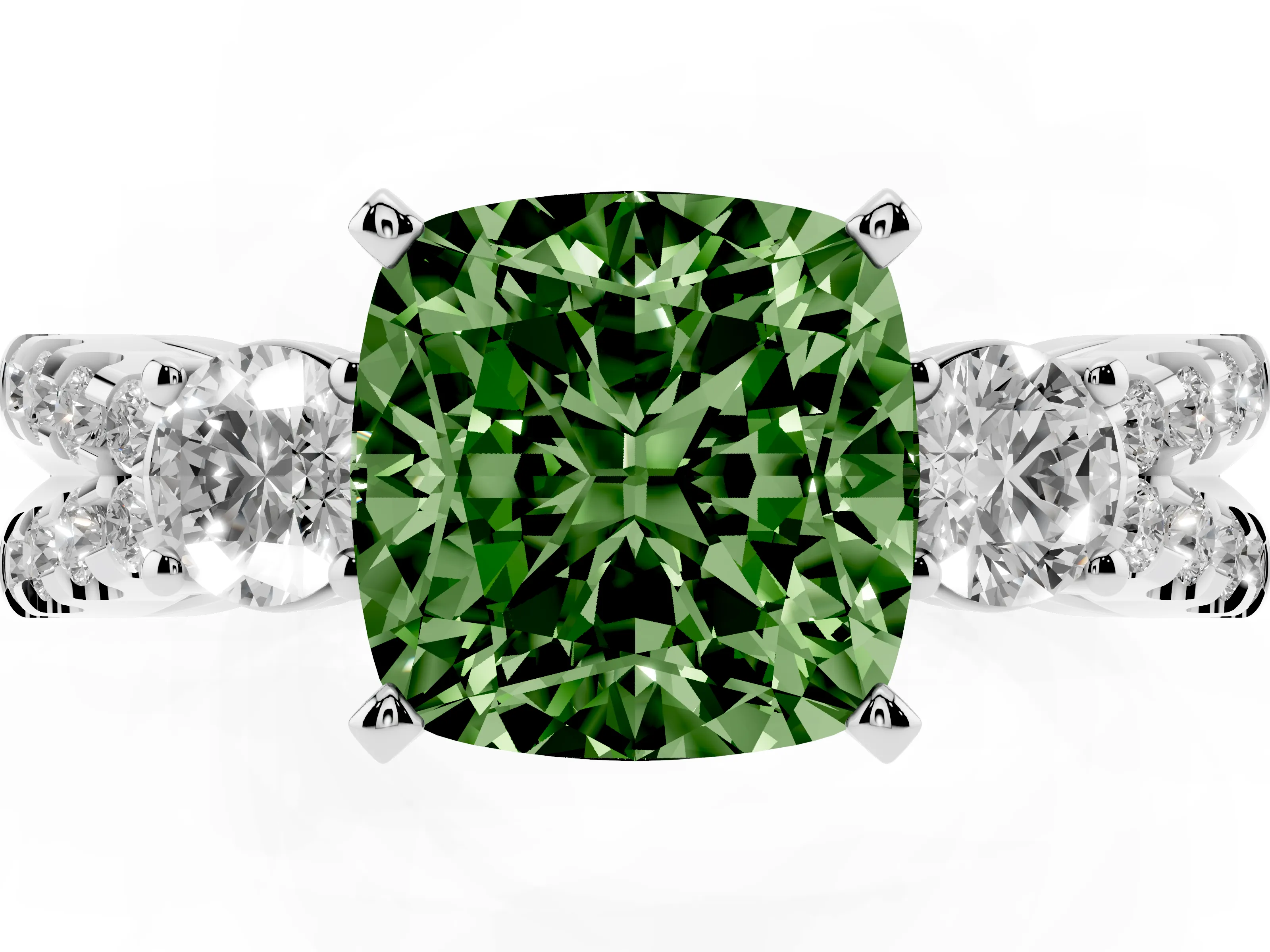 Fancy Green Cushion Cut Diamond Three-Stone Ring Set in Platinum with Pavé Split Shank and Prong Setting
