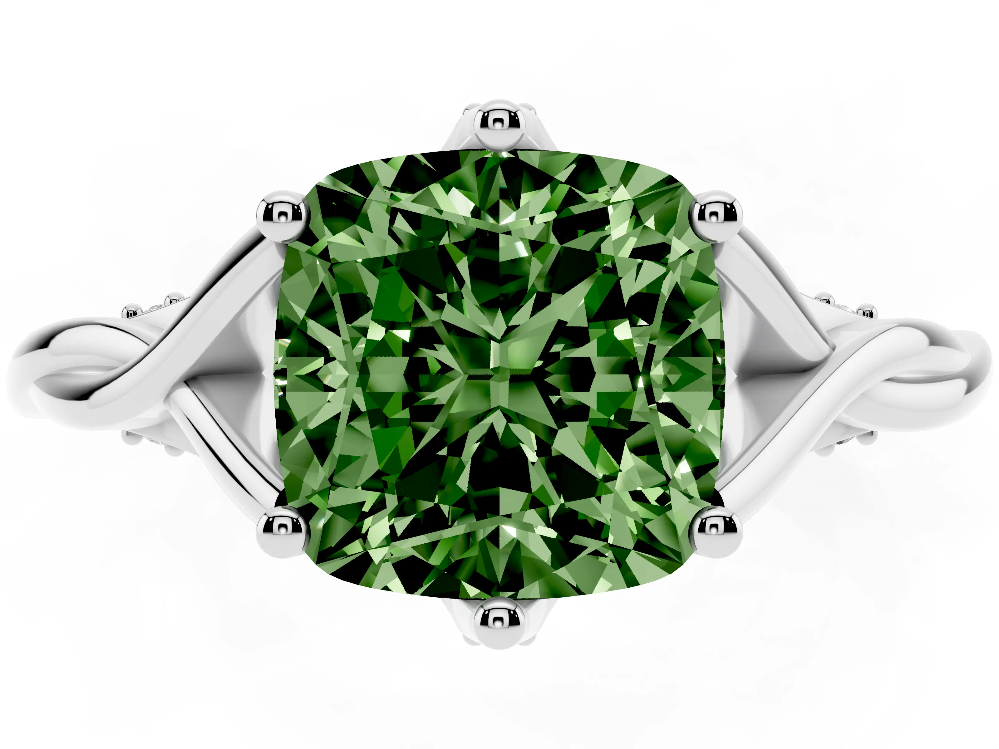 Fancy Green Cushion Cut Diamond Intertwined Twist Band Solitaire Ring Set in White gold with Prong Setting