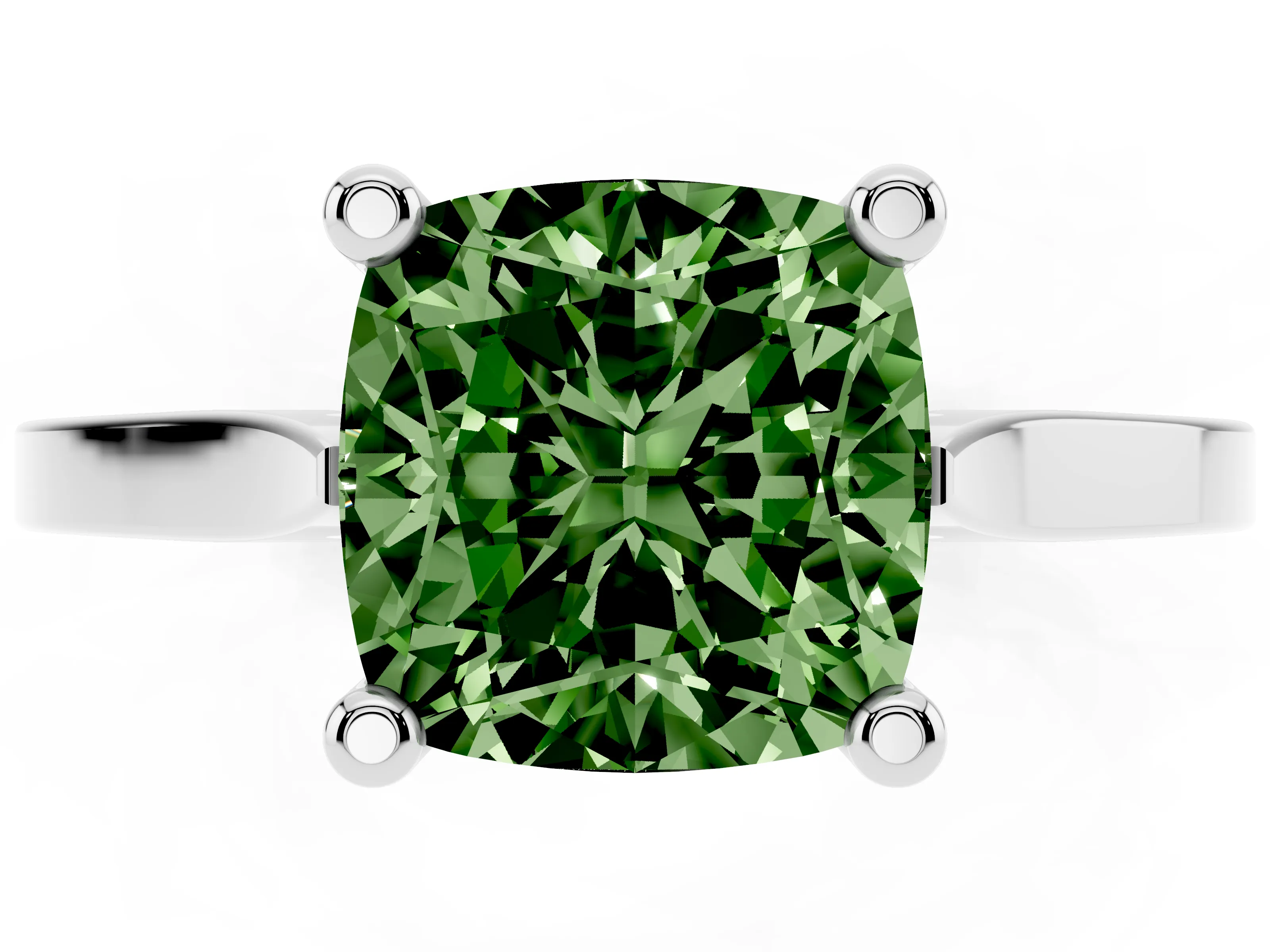 Fancy Green Cushion Cut Diamond Solitaire Ring Set in Silver with Prong Setting and Tapered Band