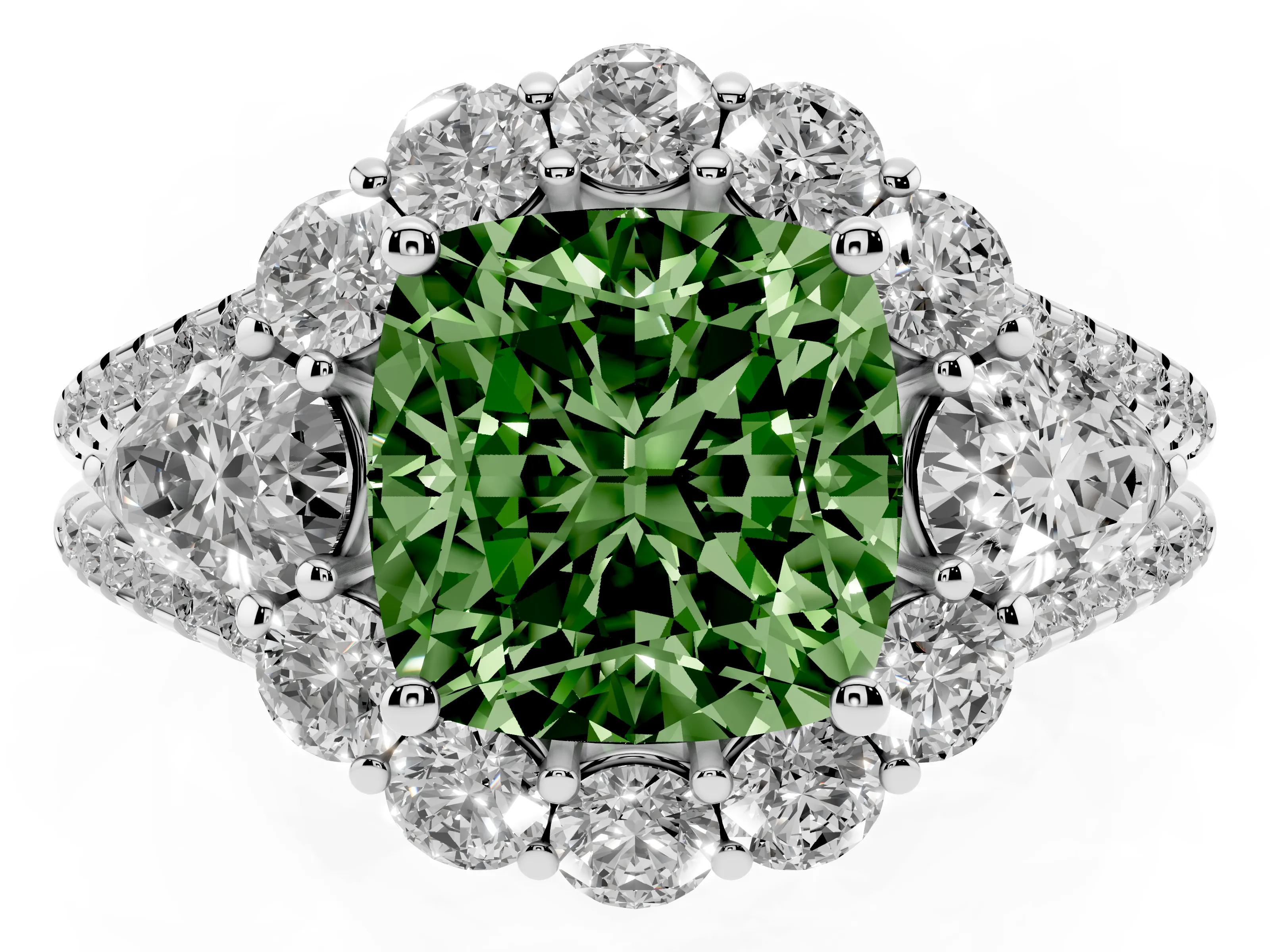 Fancy Green Cushion Cut Diamond Halo Split Shank Engagement Ring Set in White gold with Prong-Held Center Stone