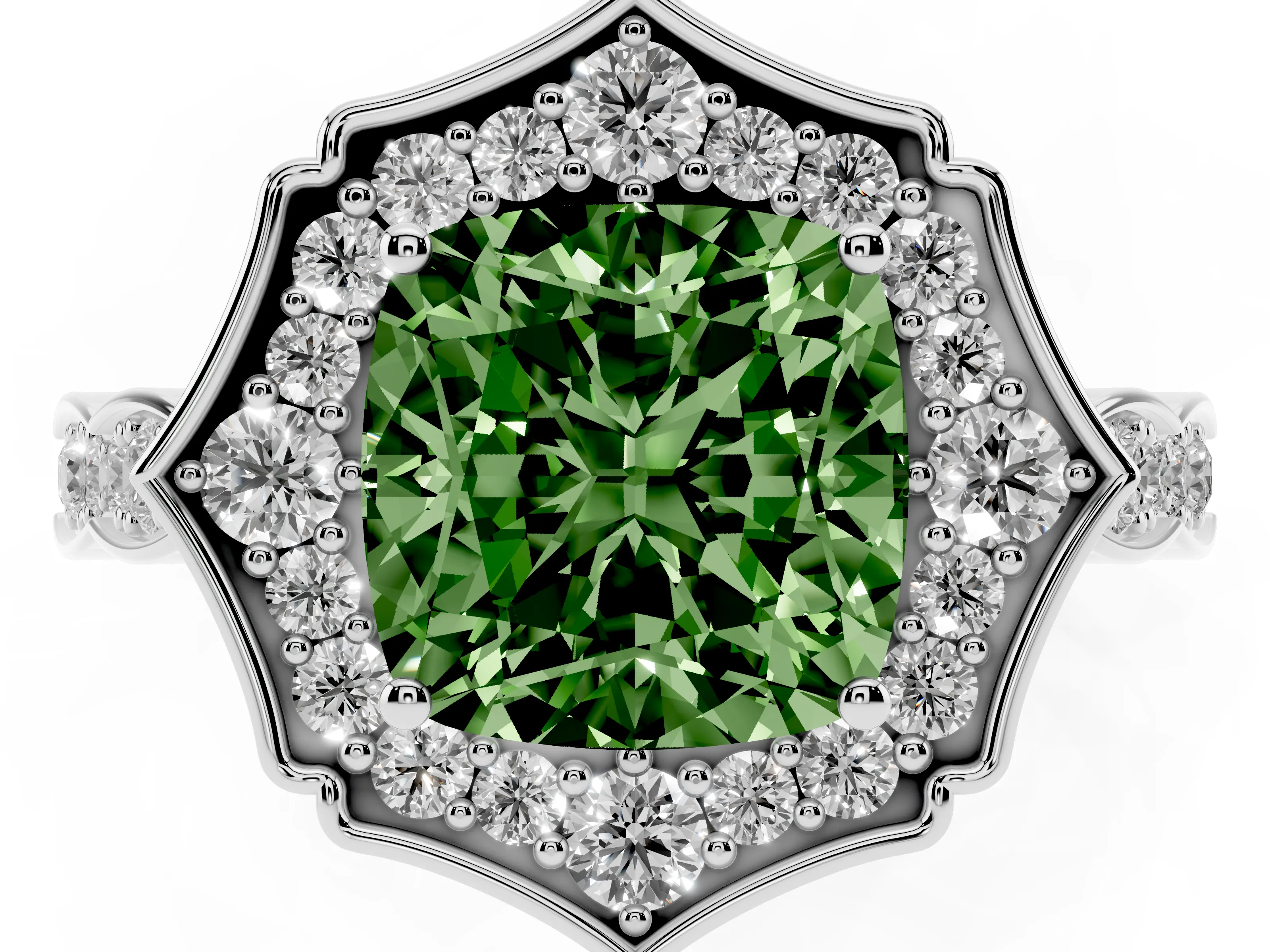 Fancy Green Cushion Cut Diamond Halo Engagement Ring Set in Platinum with Milgrain Band and Prong Setting