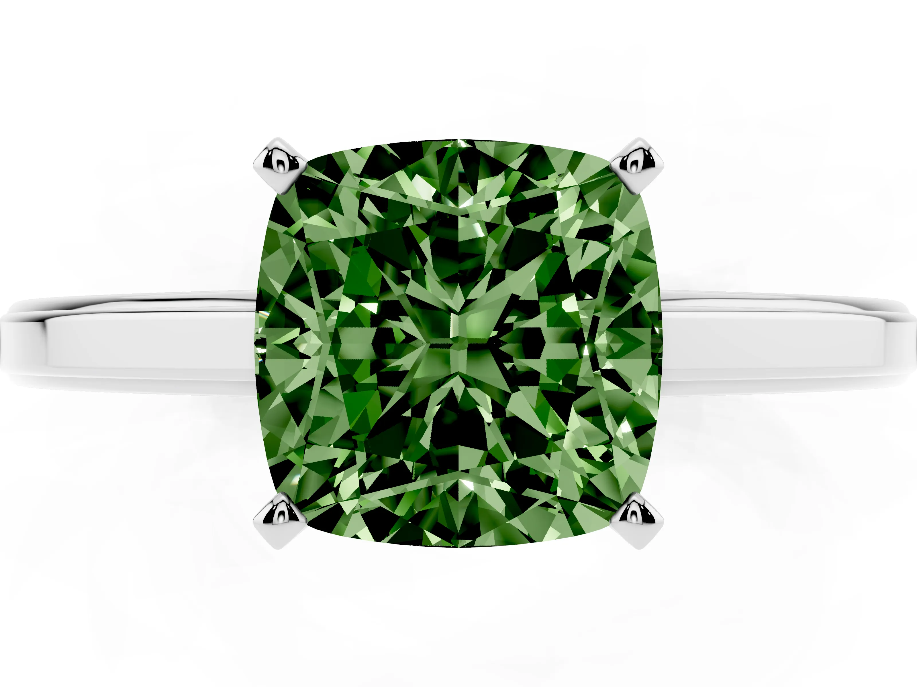 Fancy Green Cushion Cut Diamond Solitaire Ring Set in Platinum with Prong Setting and Classic Band