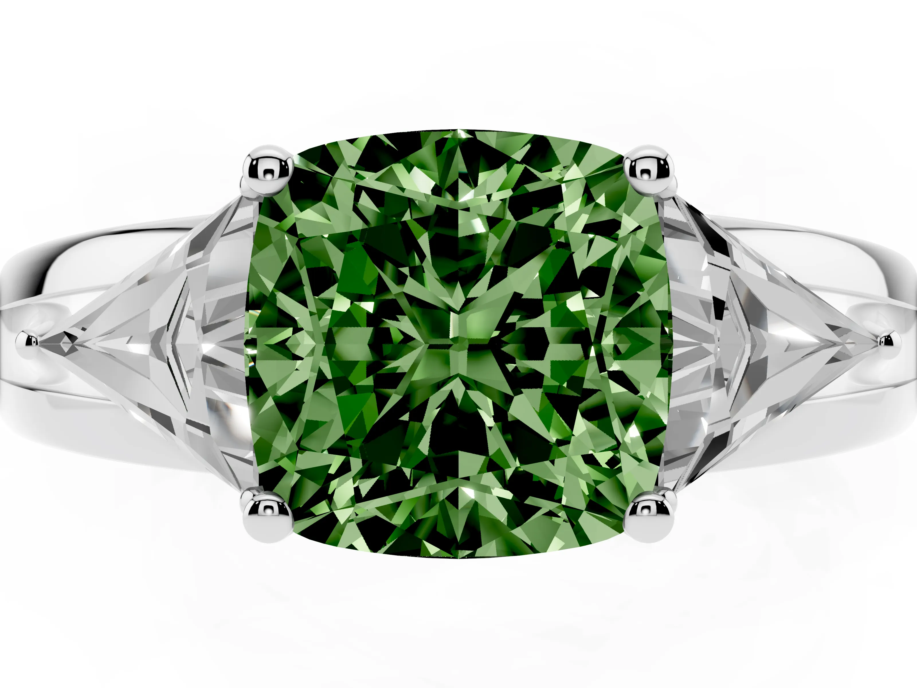 Fancy Green Cushion Cut Diamond Three-Stone Ring Set in Silver with Trillion Side Stones and Split Shank