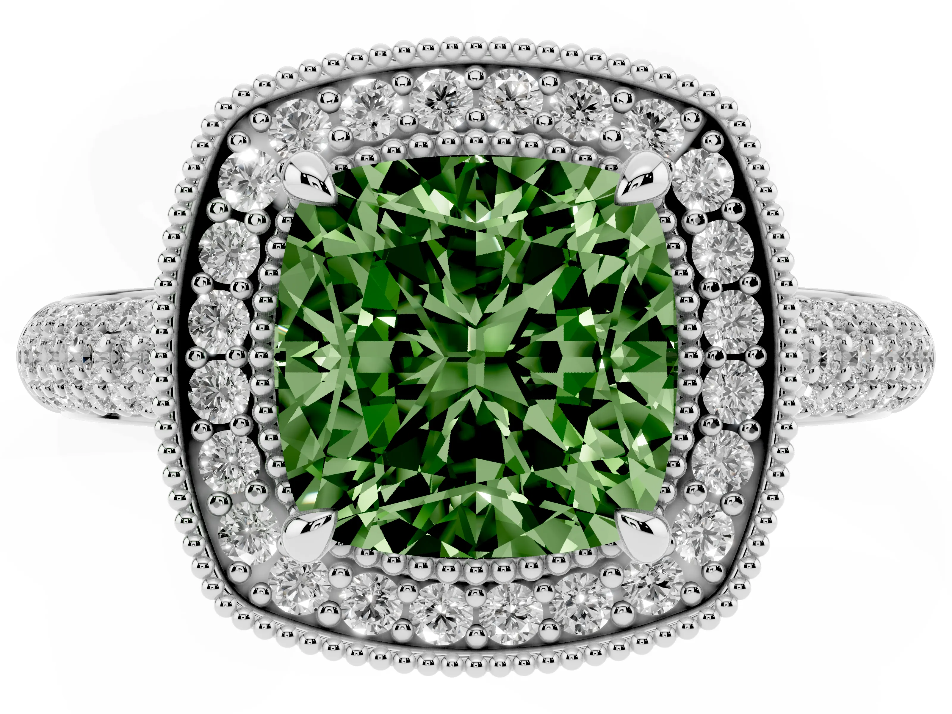 Fancy Green Cushion Cut Diamond Halo Pavé Band Set in Platinum with Prong Setting