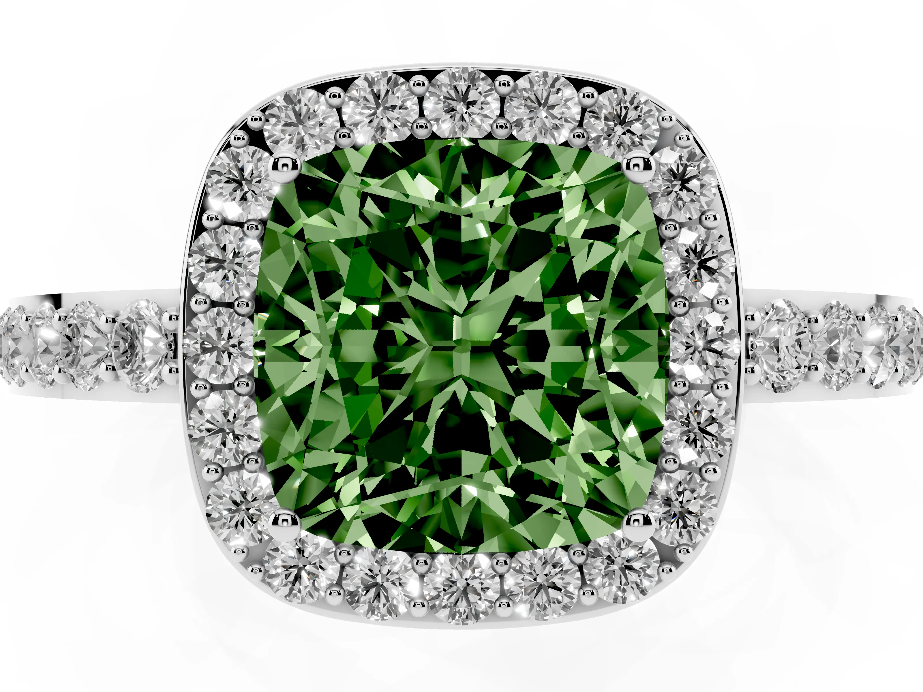 Fancy Green Cushion Cut Diamond Halo Ring Set in Silver with Pavé-Setting Band and Open Prong Center