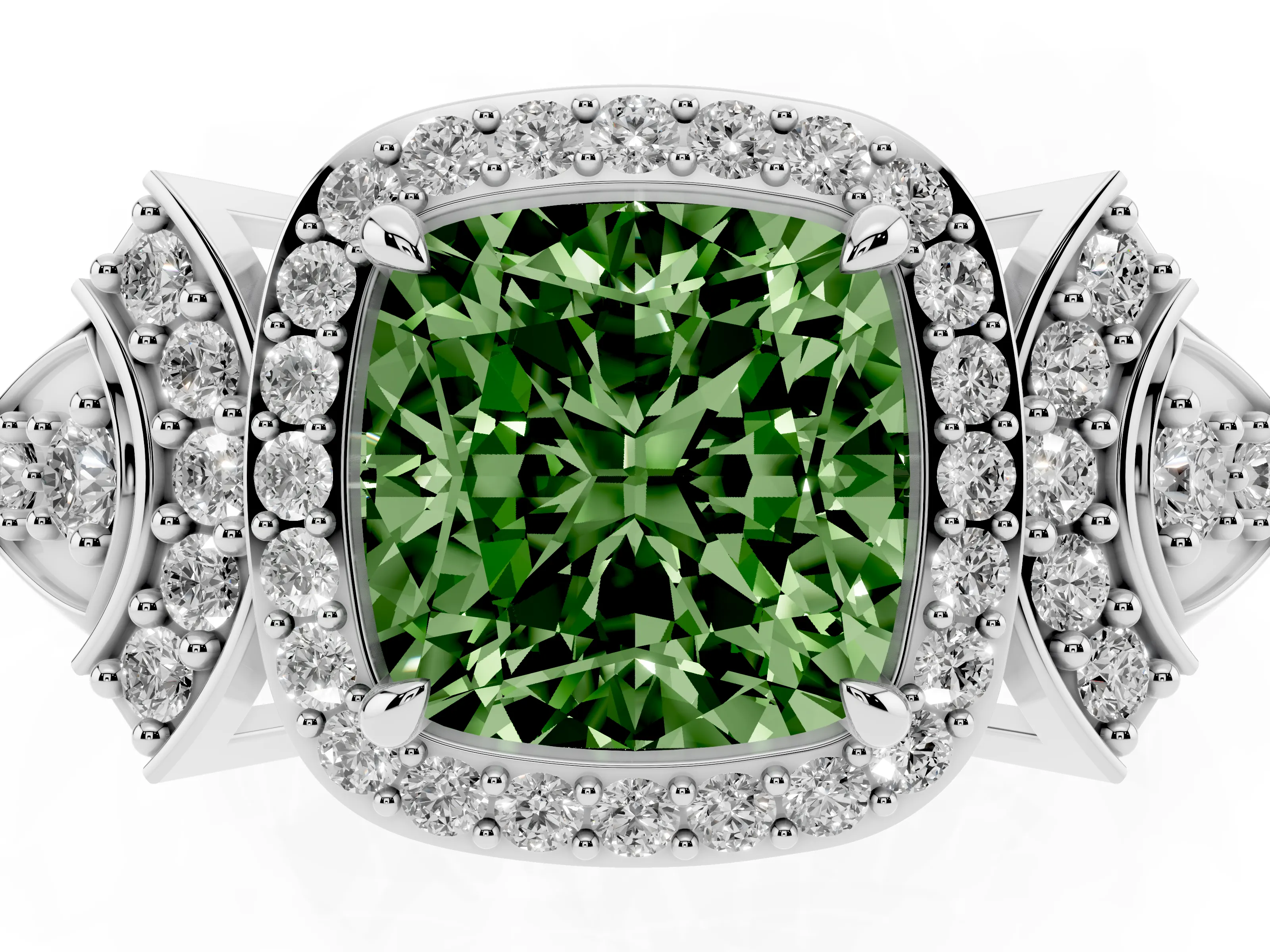 Fancy Green Cushion Cut Diamond Halo Engagement Ring Set in Silver with Accent Stone Split Shank