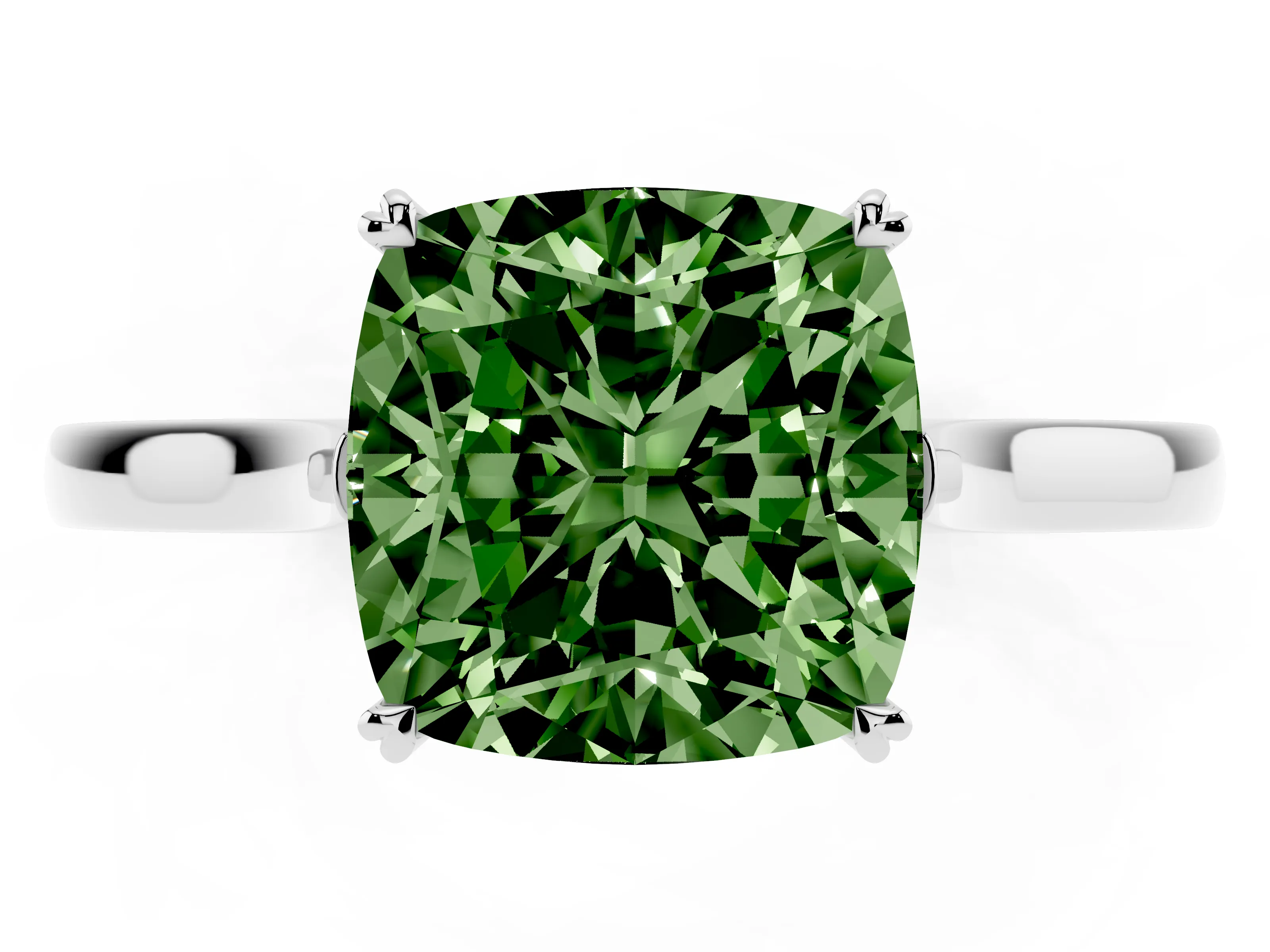 Fancy Green Cushion Cut Diamond Solitaire Heart Prong Engagement Ring Set in White gold with Tapered Band
