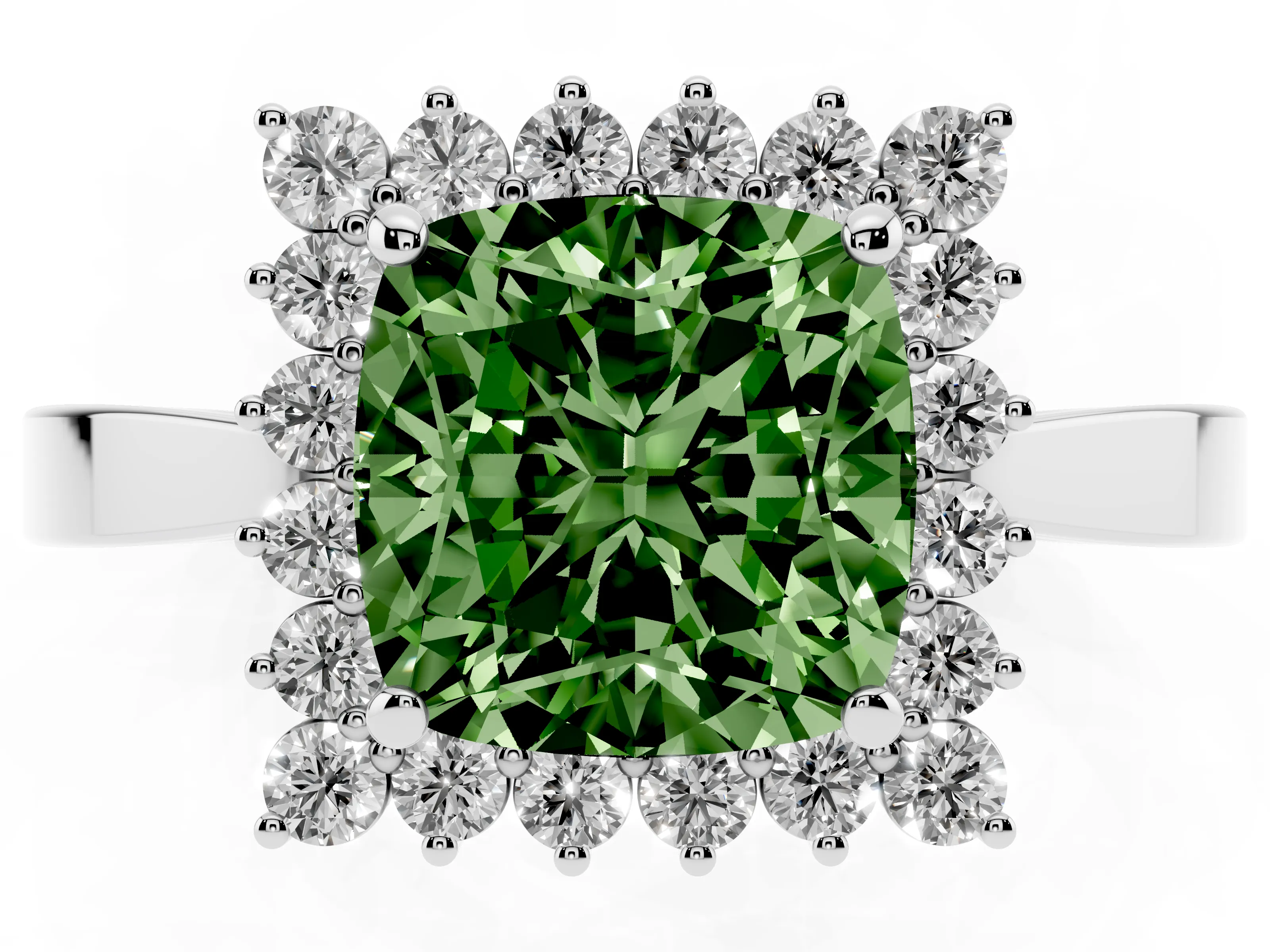 Fancy Green Cushion Cut Diamond Halo Ring Set in White gold with Round Halo and Smooth Solitaire Band