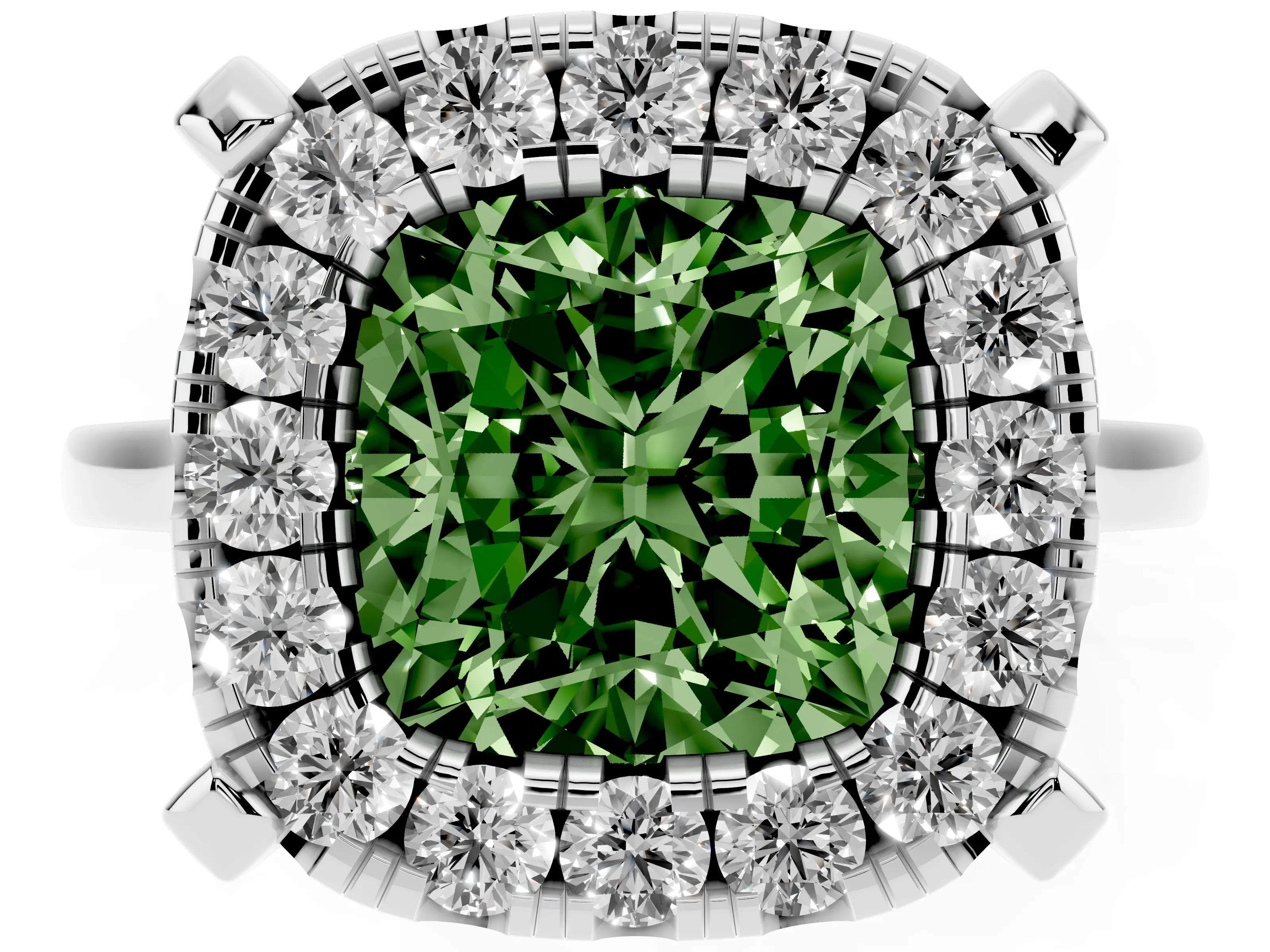 Fancy Green Cushion Cut Diamond Cluster Halo Solitaire Ring Set in Silver with Prong Setting