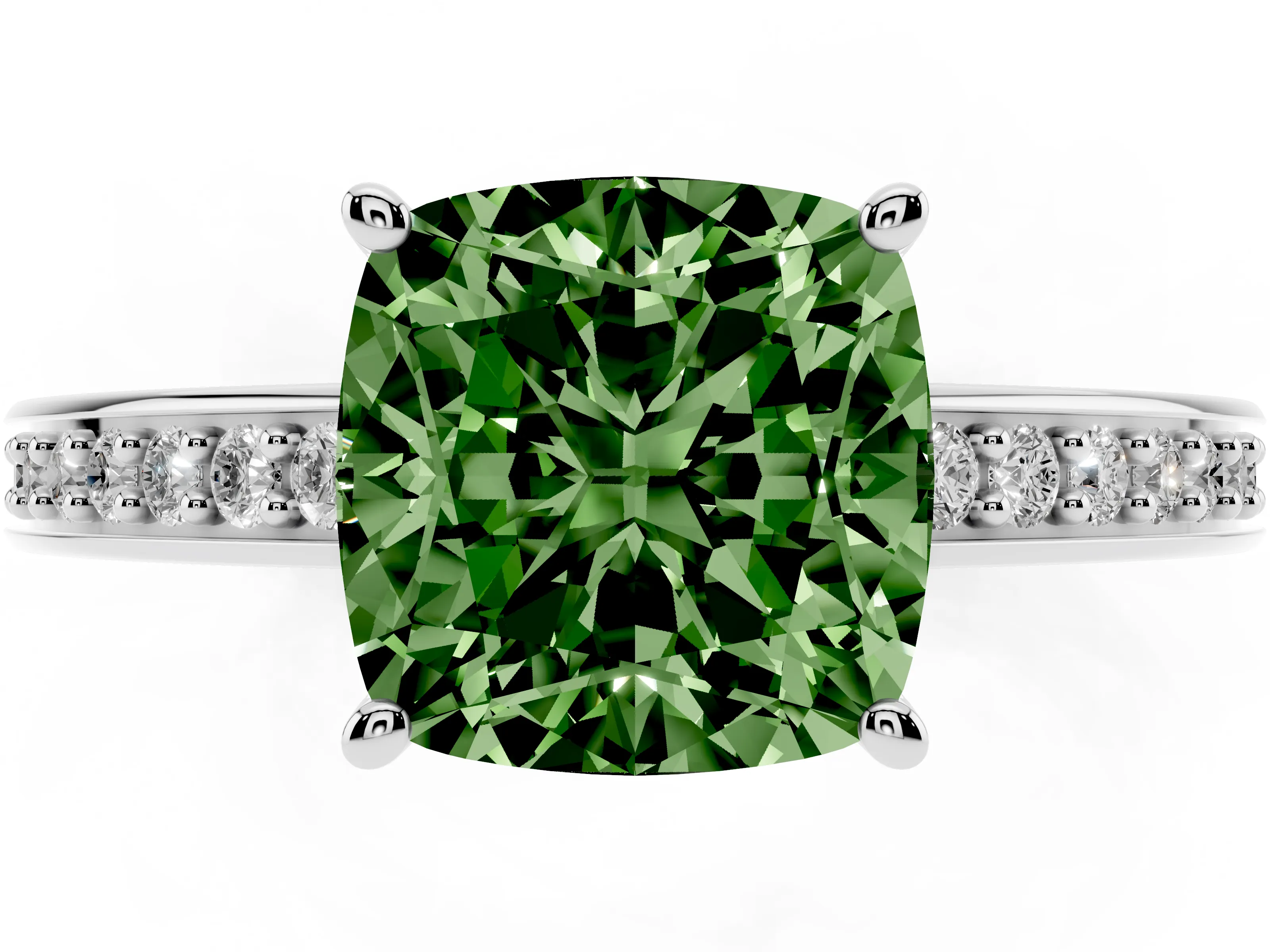 Fancy Green Cushion Cut Diamond Pavé Band Prong Set Solitaire Ring Set in White gold