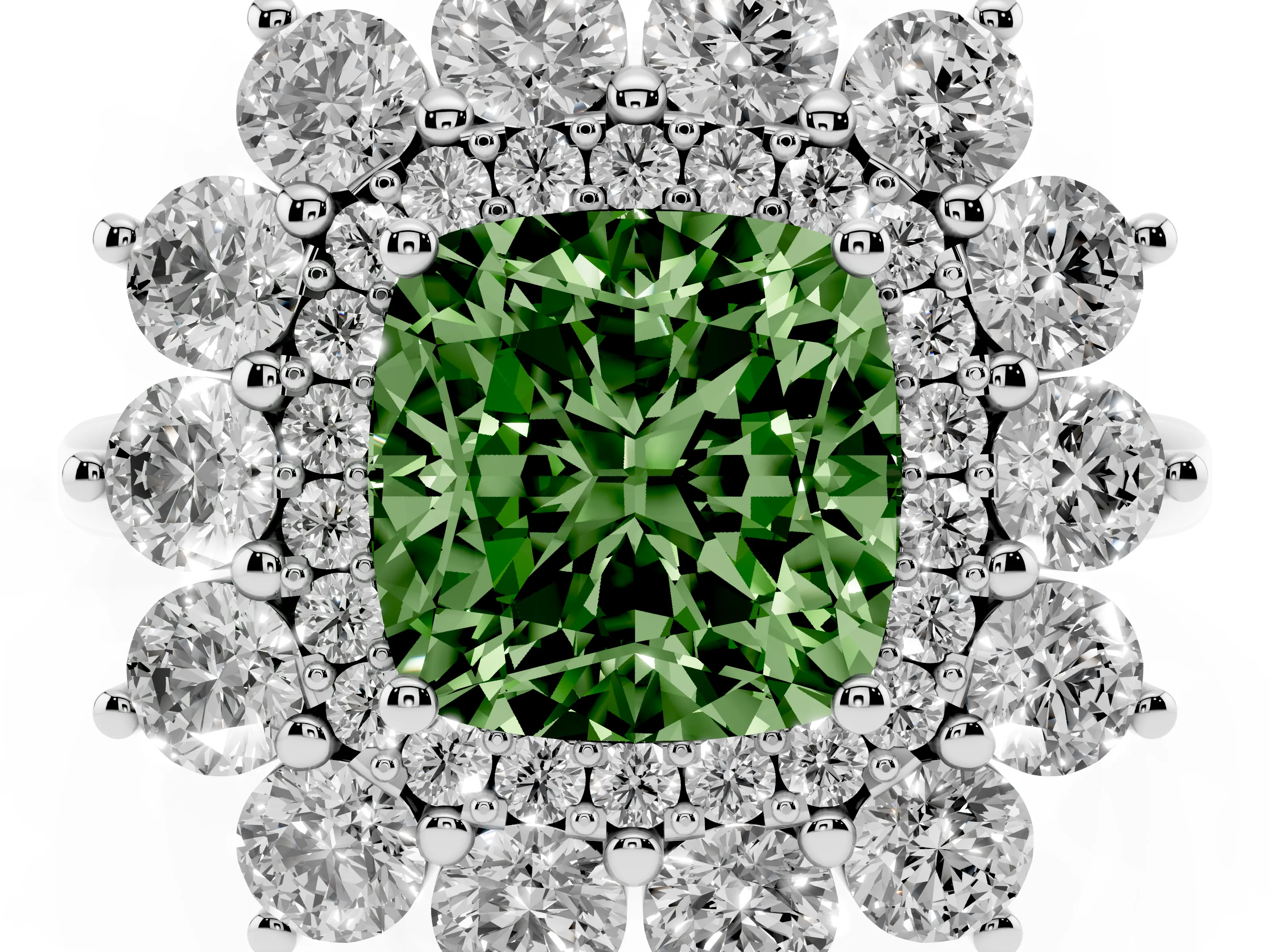 Fancy Green Cushion Cut Diamond Floral Double Halo Ring Set in White gold with Round Petals