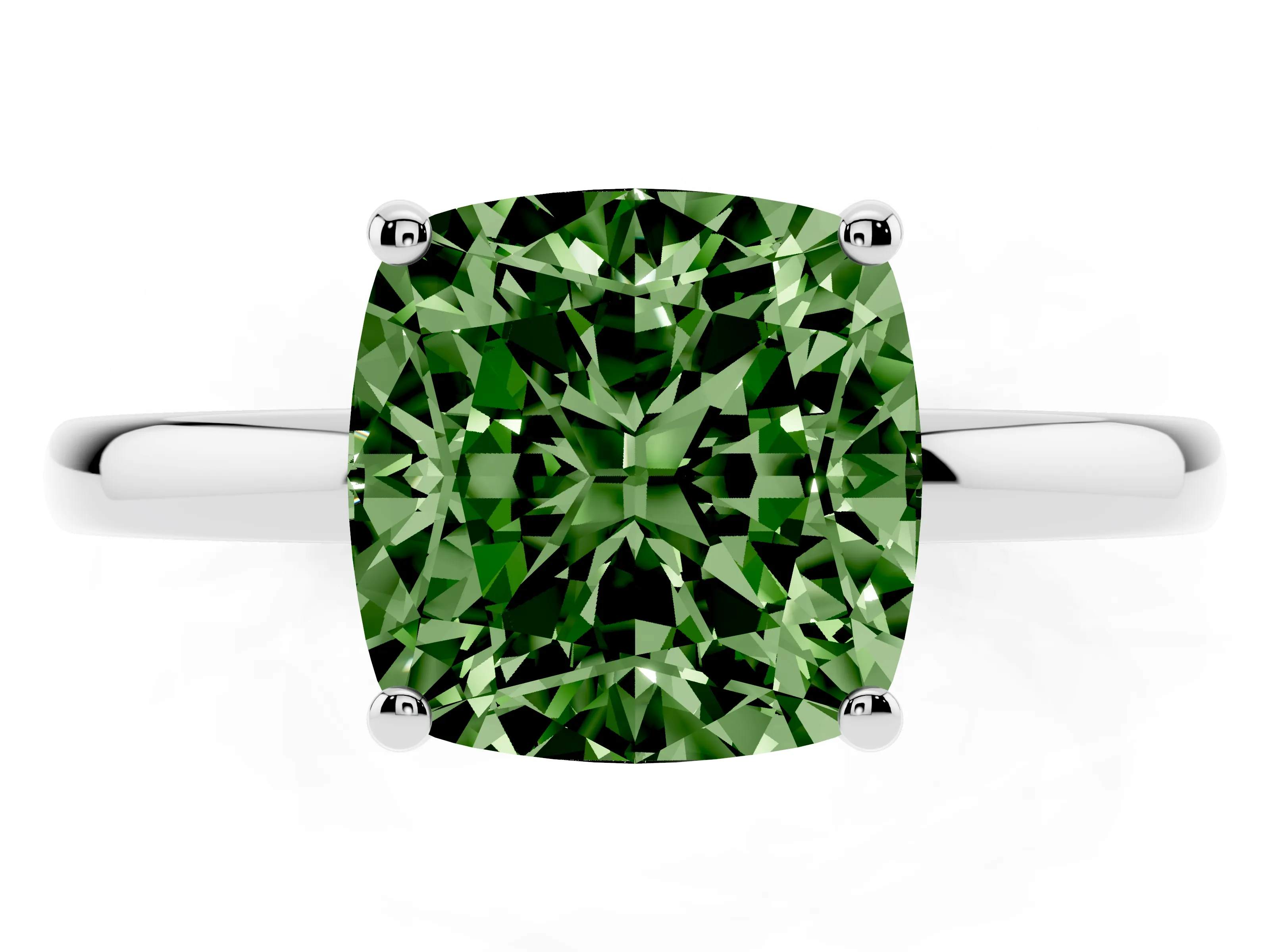 Fancy Green Cushion Cut Diamond Solitaire Ring Set in Platinum with Plain Band and Prong Setting