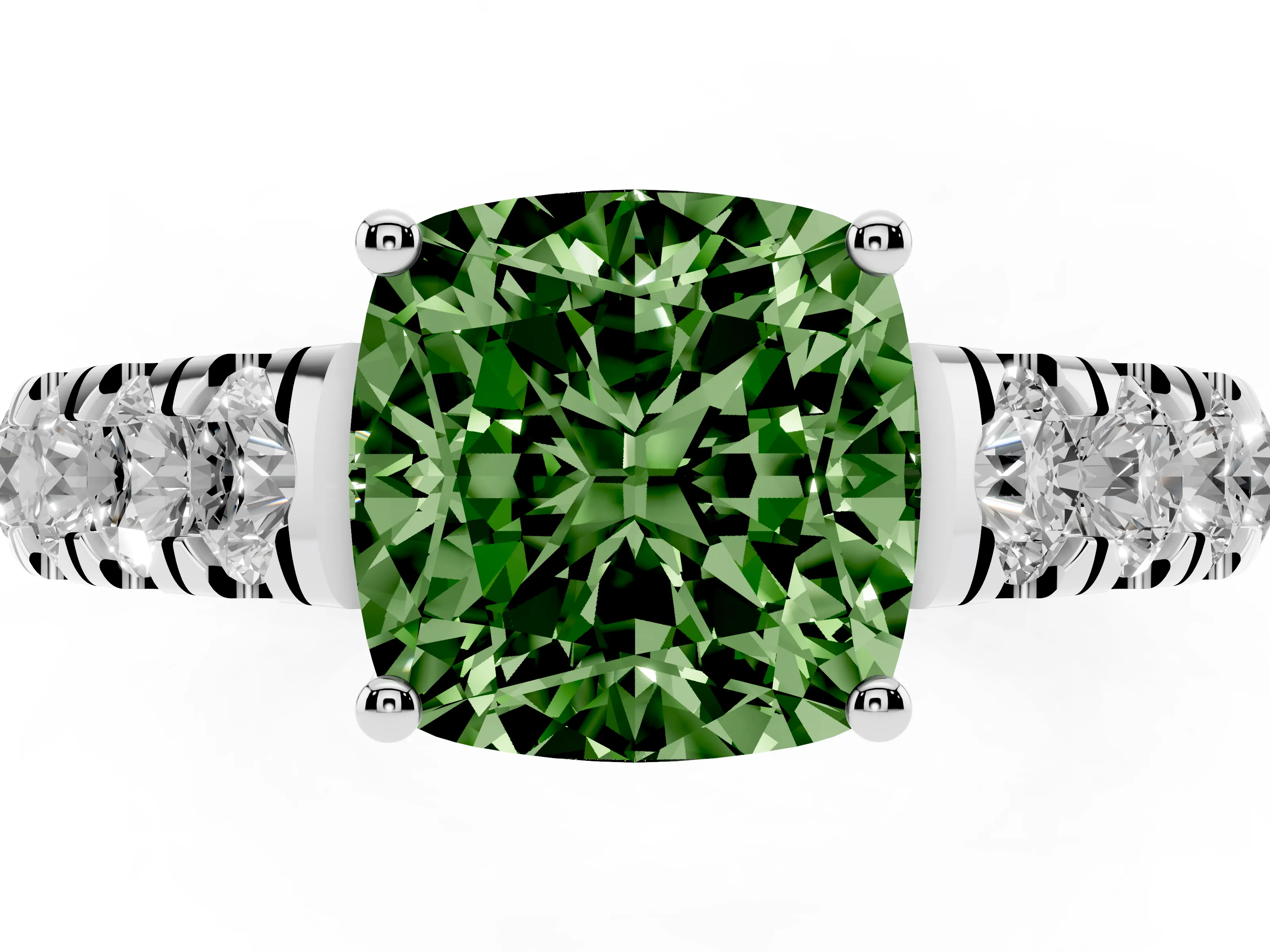 Fancy Green Cushion Cut Diamond Solitaire Ring Set in Platinum with Cut-Down Micro Pavé Band and Prong Setting