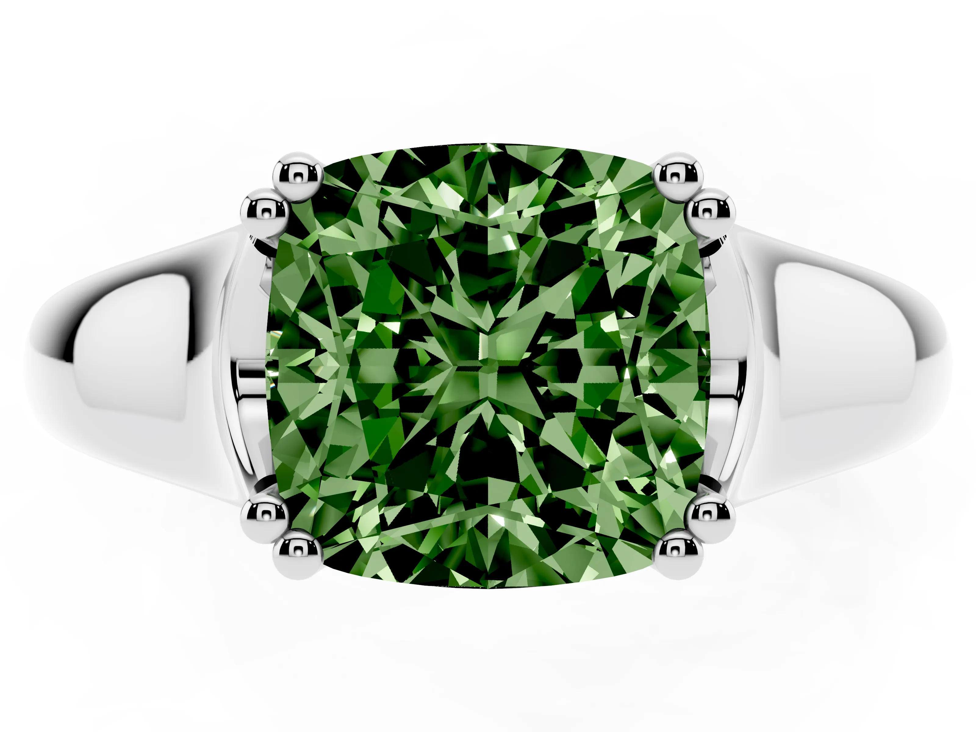 Fancy Green Cushion Cut Diamond Solitaire Ring Set in Silver with Wide Band and Prong Setting