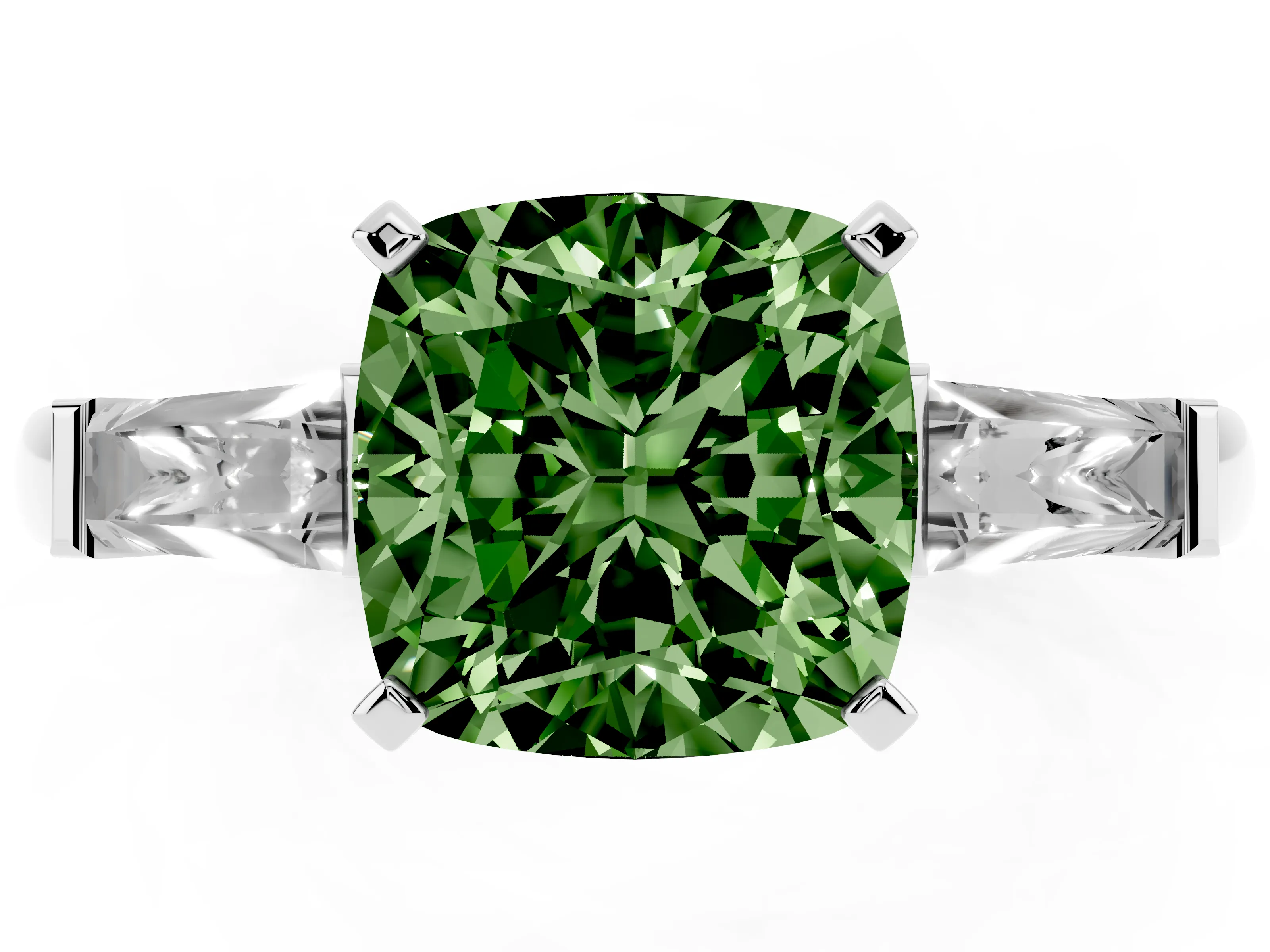 Fancy Green Cushion Cut Diamond Solitaire Ring Set in Platinum with Tapered Baguette Side Stones and Prong Setting