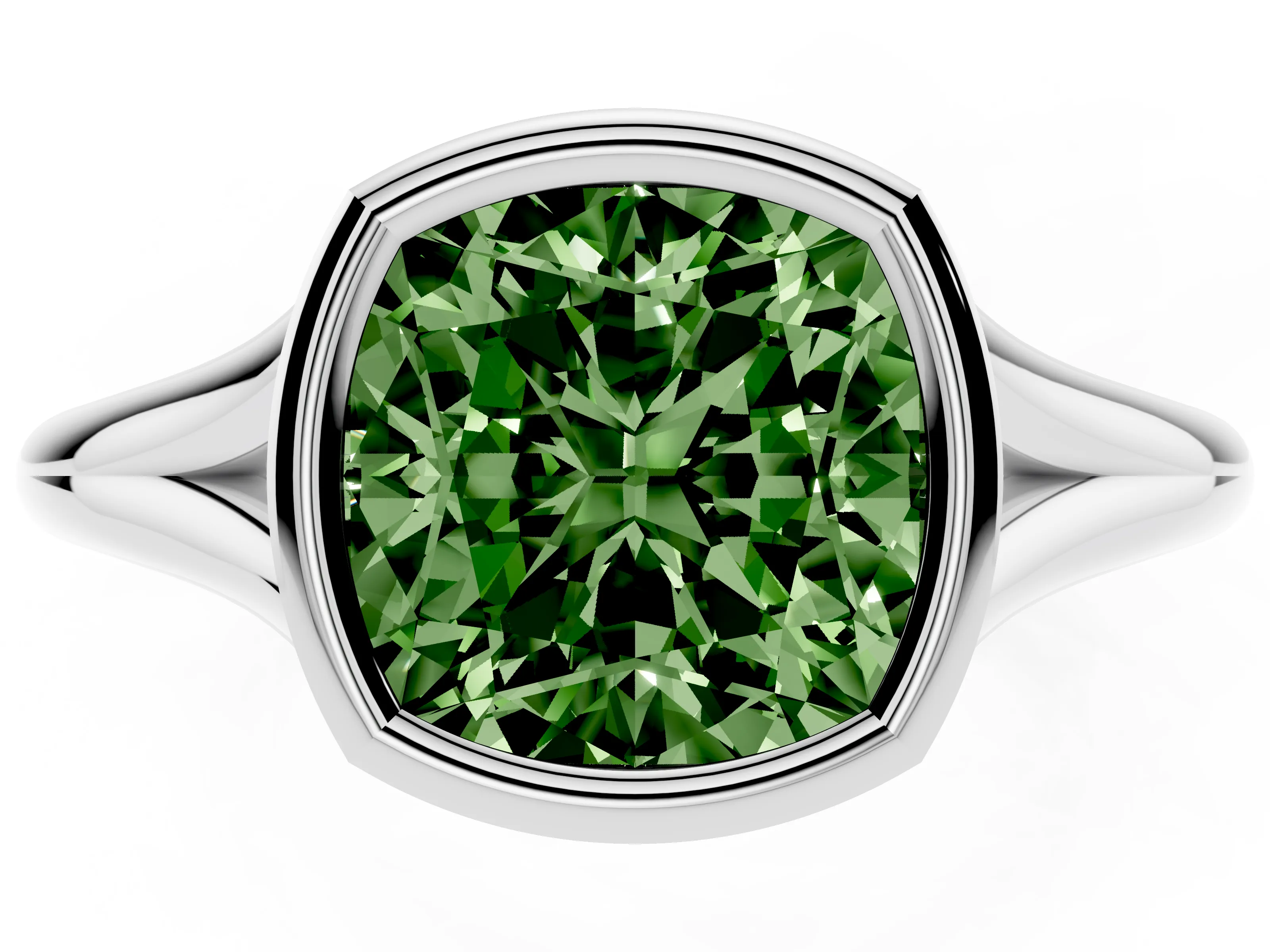 Fancy Green Bezel Set Cushion Cut Diamond Solitaire Ring Set in Platinum with Tapered Band