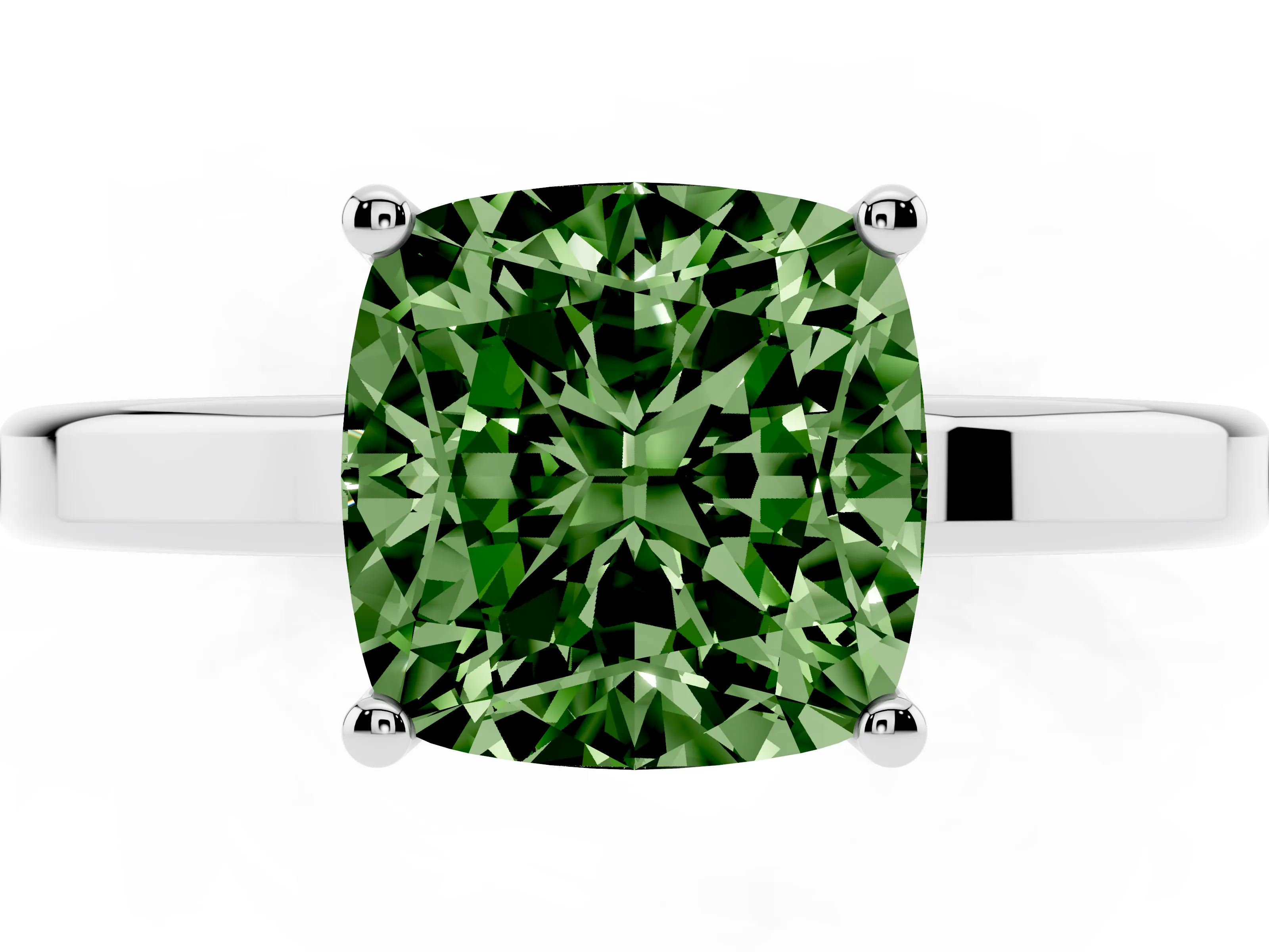 Fancy Green Cushion Cut Diamond Solitaire Engagement Ring Set in White gold with Prong Setting on a Plain Band