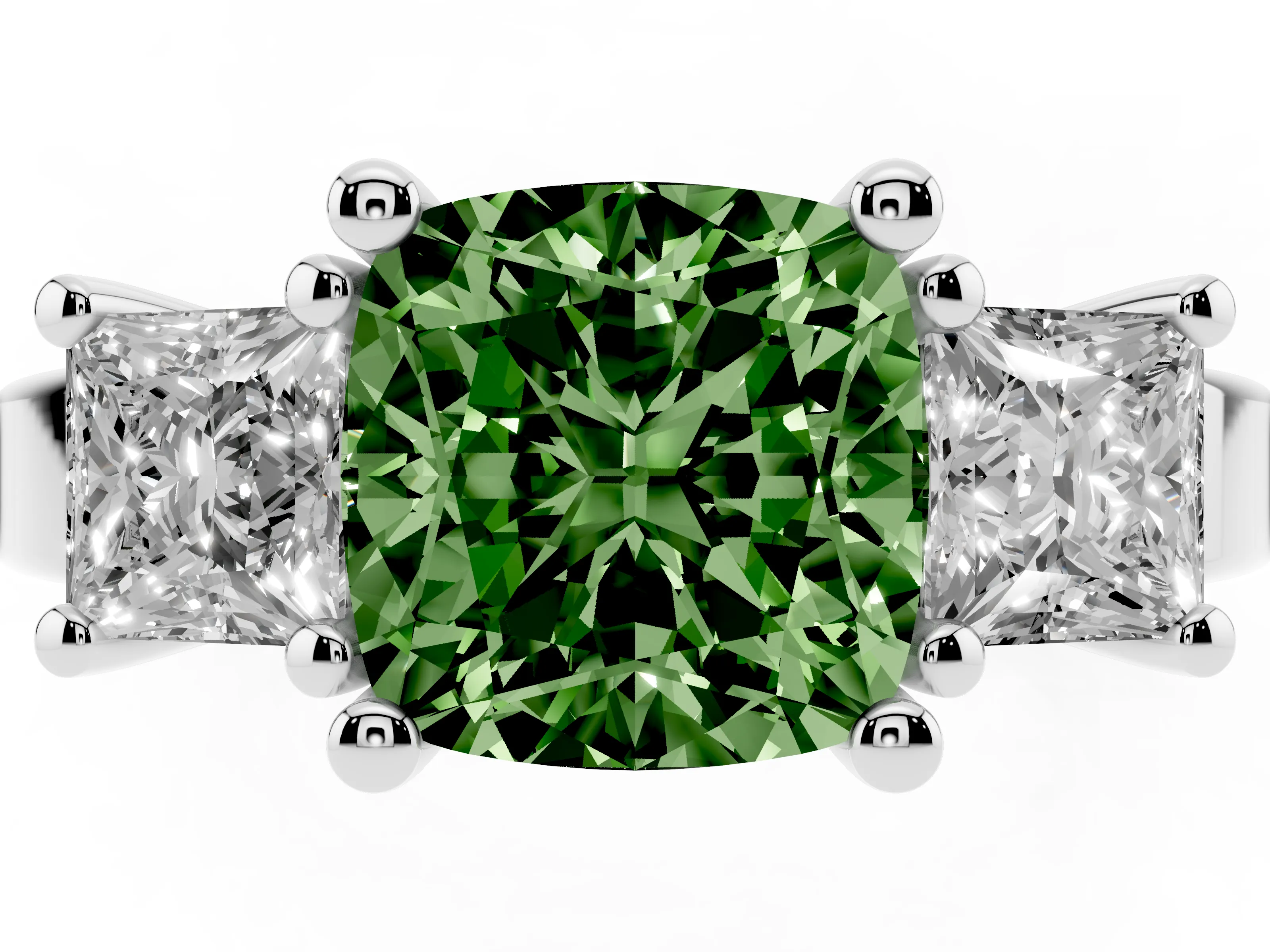 Fancy Green Three-Stone Cushion Cut Diamond Solitaire Ring Set in Silver with Prong Setting