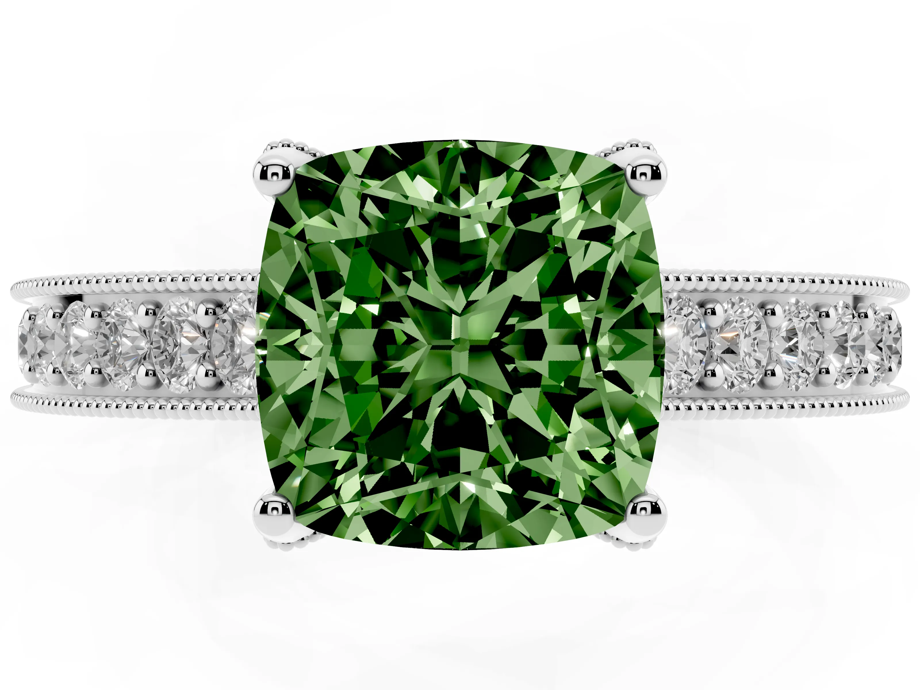 Fancy Green Cushion Cut Diamond Solitaire Ring Set in Silver with Milgrain-Edged Pavé Band and Prong Setting