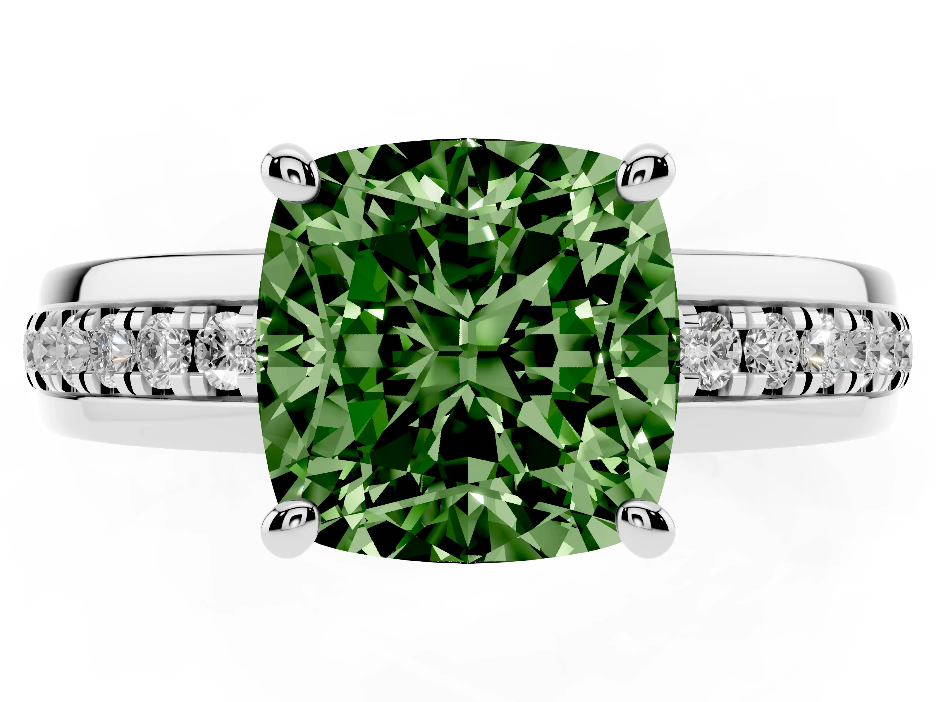 Fancy Green Cushion Cut Diamond Solitaire Ring Set in Silver with Channel Set Band and Prong Setting