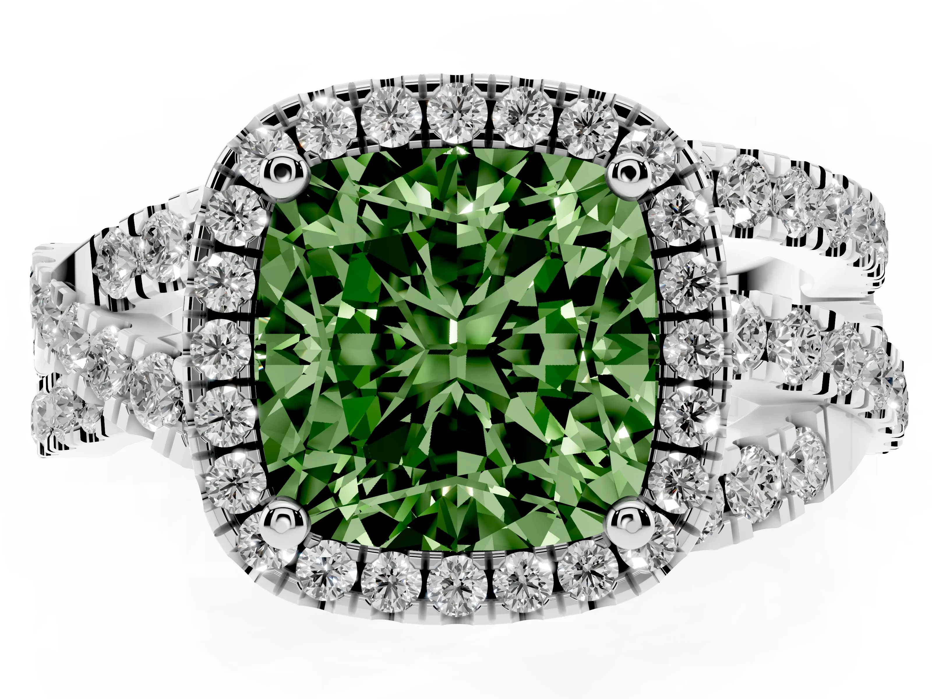 Fancy Green Cushion Cut Diamond Halo Ring Set in White gold with Round Crossover Split Shank and Prong Setting
