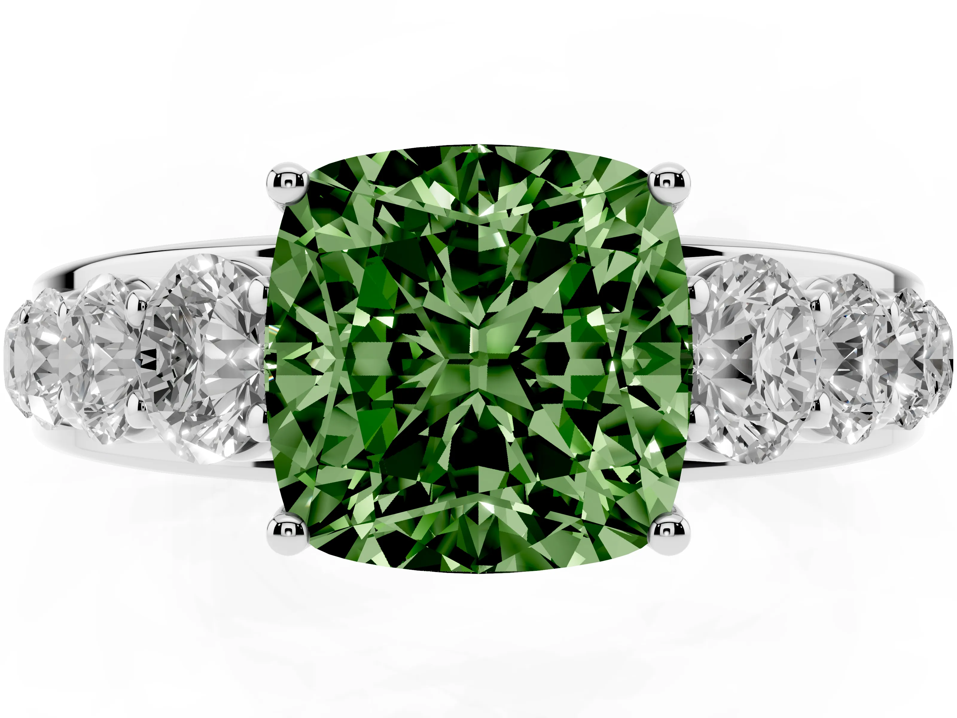 Fancy Green Cushion Cut Diamond Solitaire Ring Set in Silver with Pavé-Set Band and Prong Setting
