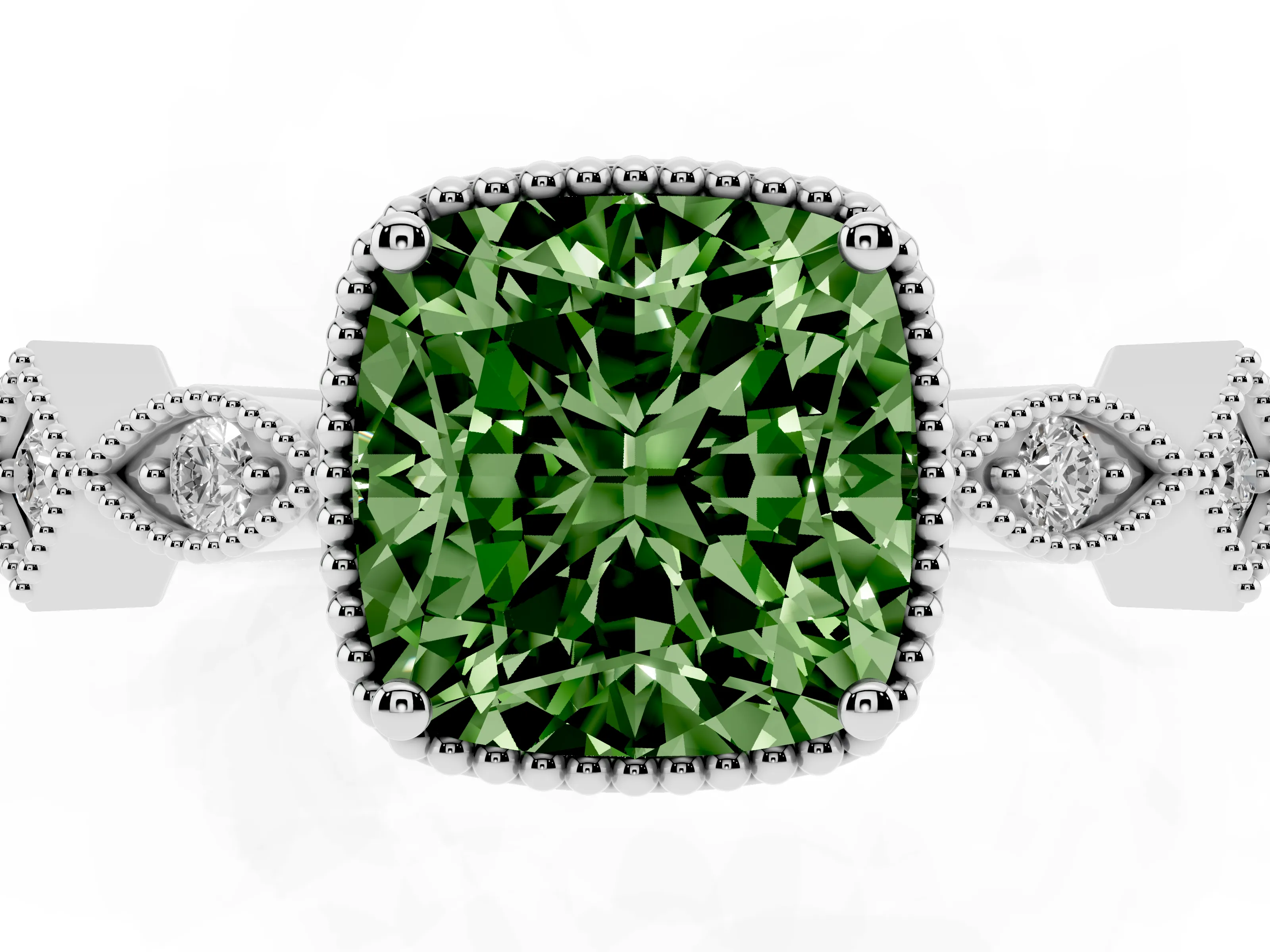 Fancy Green Cushion Cut Diamond Milgrain Marquise Twist Band Ring Set in White gold with Prong Setting