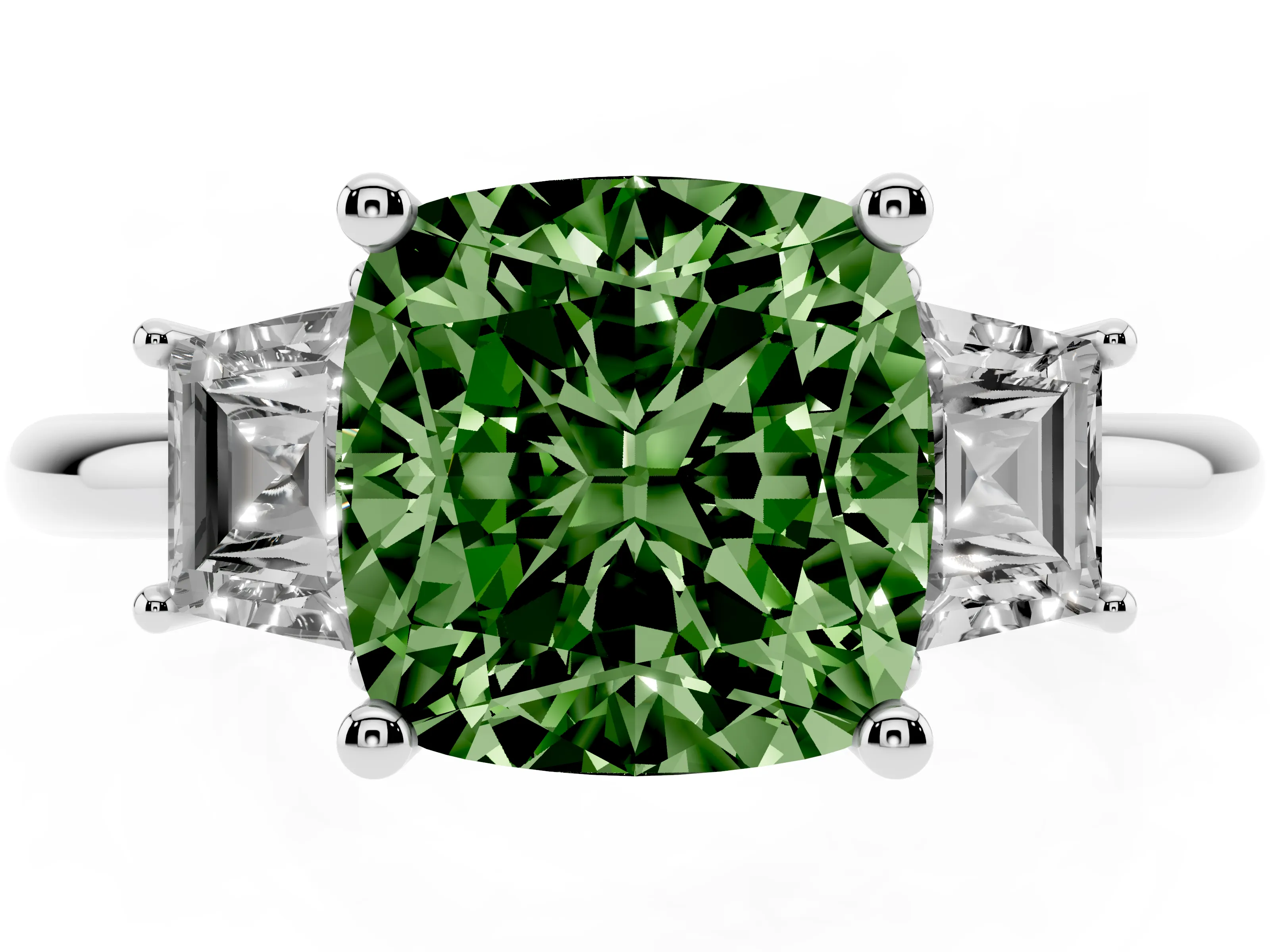 Fancy Green Cushion Cut Diamond Three-Stone Ring Set in Silver with Trapezoid Side Stones and Prong Setting