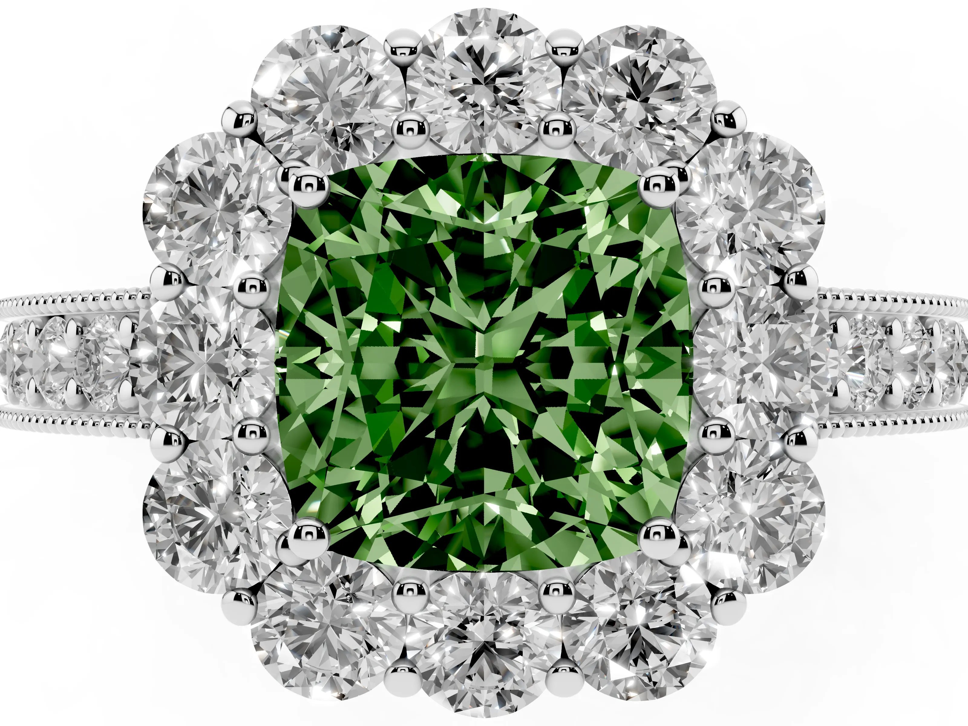 Fancy Green Cushion Cut Diamond Halo Pavé Engagement Ring Set in Silver with Milgrain Detailing