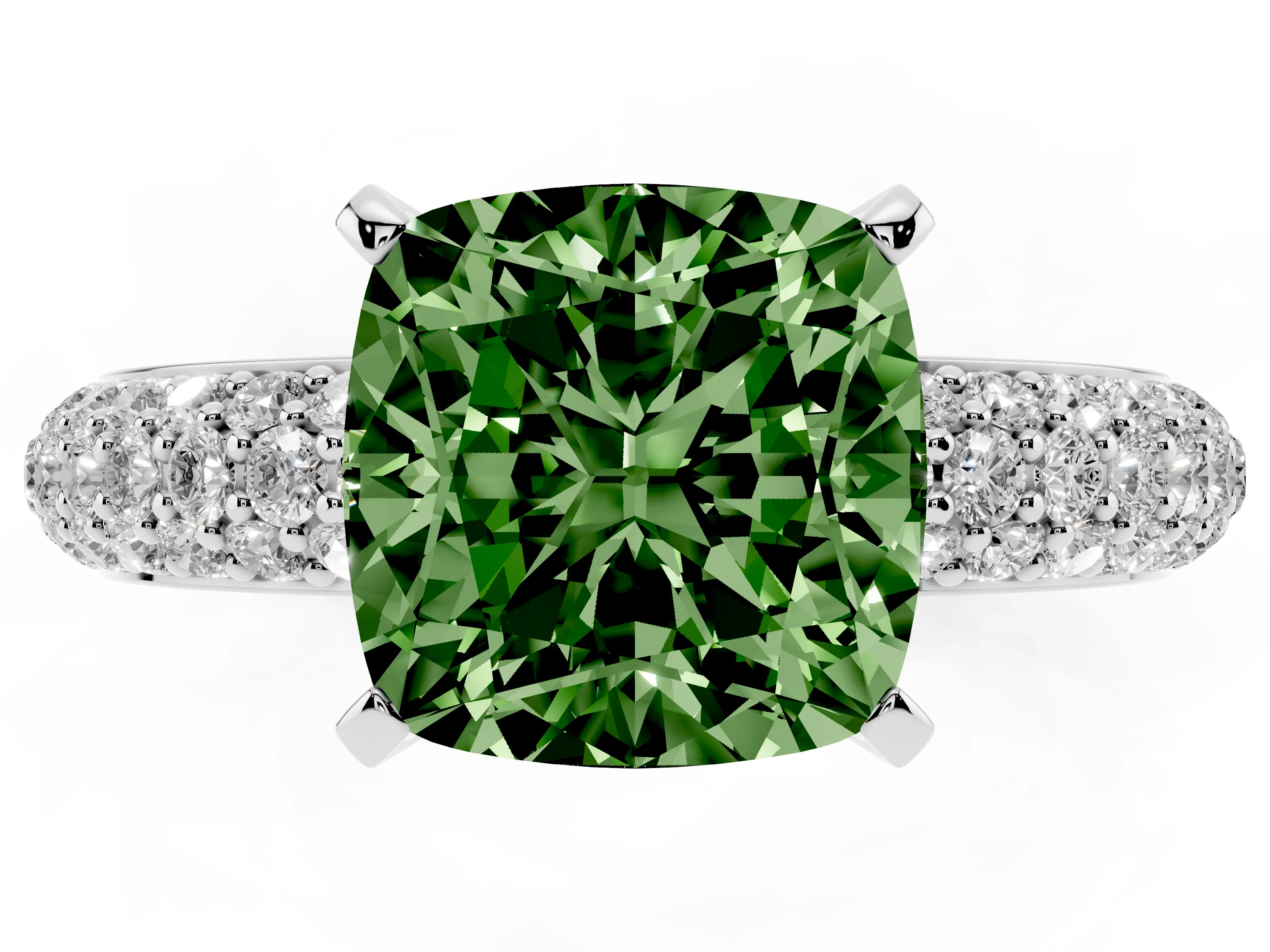 Fancy Green Cushion Cut Diamond Solitaire Ring Set in Silver with Prong Setting and Pavé-Set Band