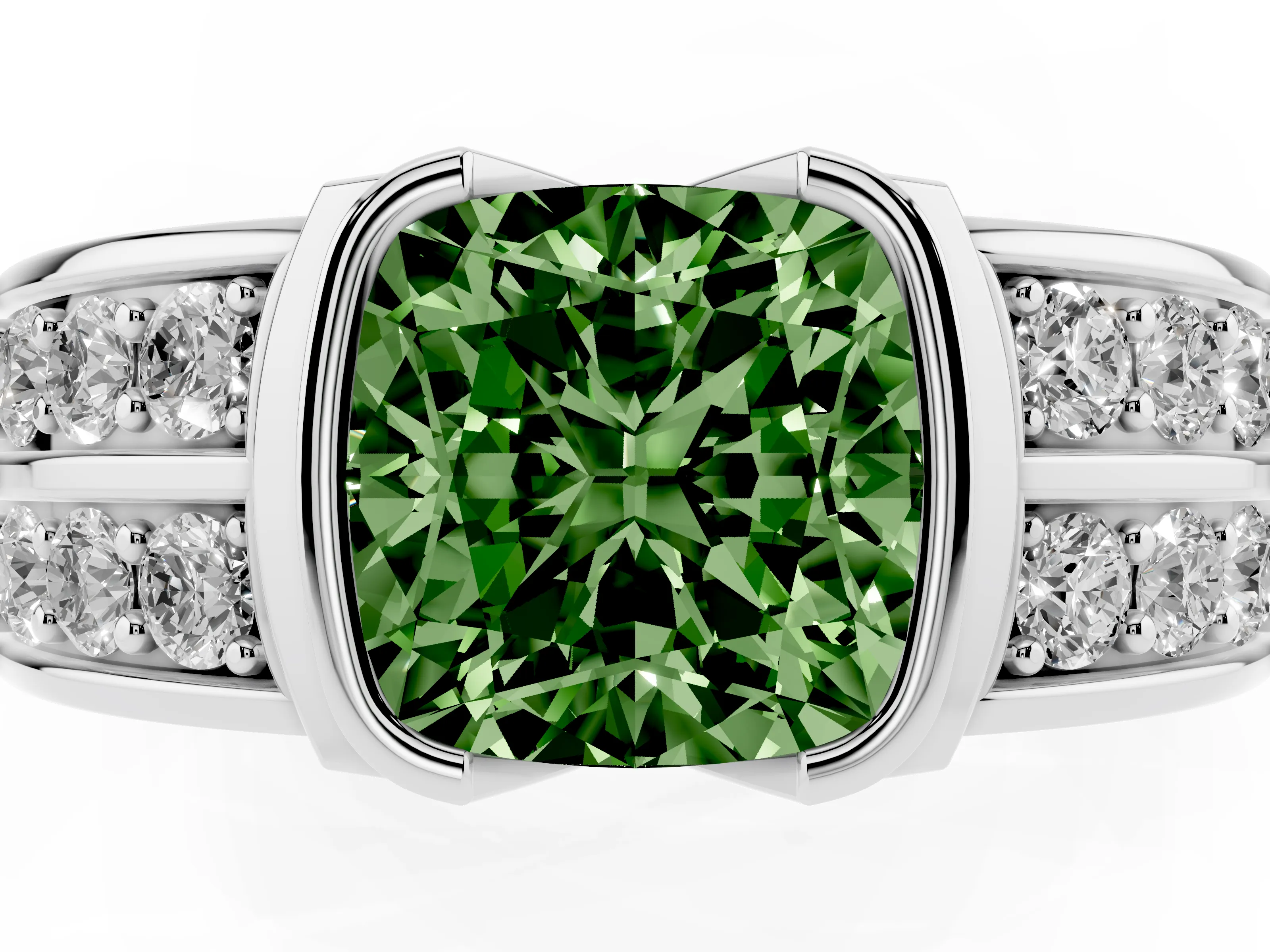 Fancy Green Cushion Cut Diamond Wide Channel Set Band Ring Set in Silver with Bezel Setting