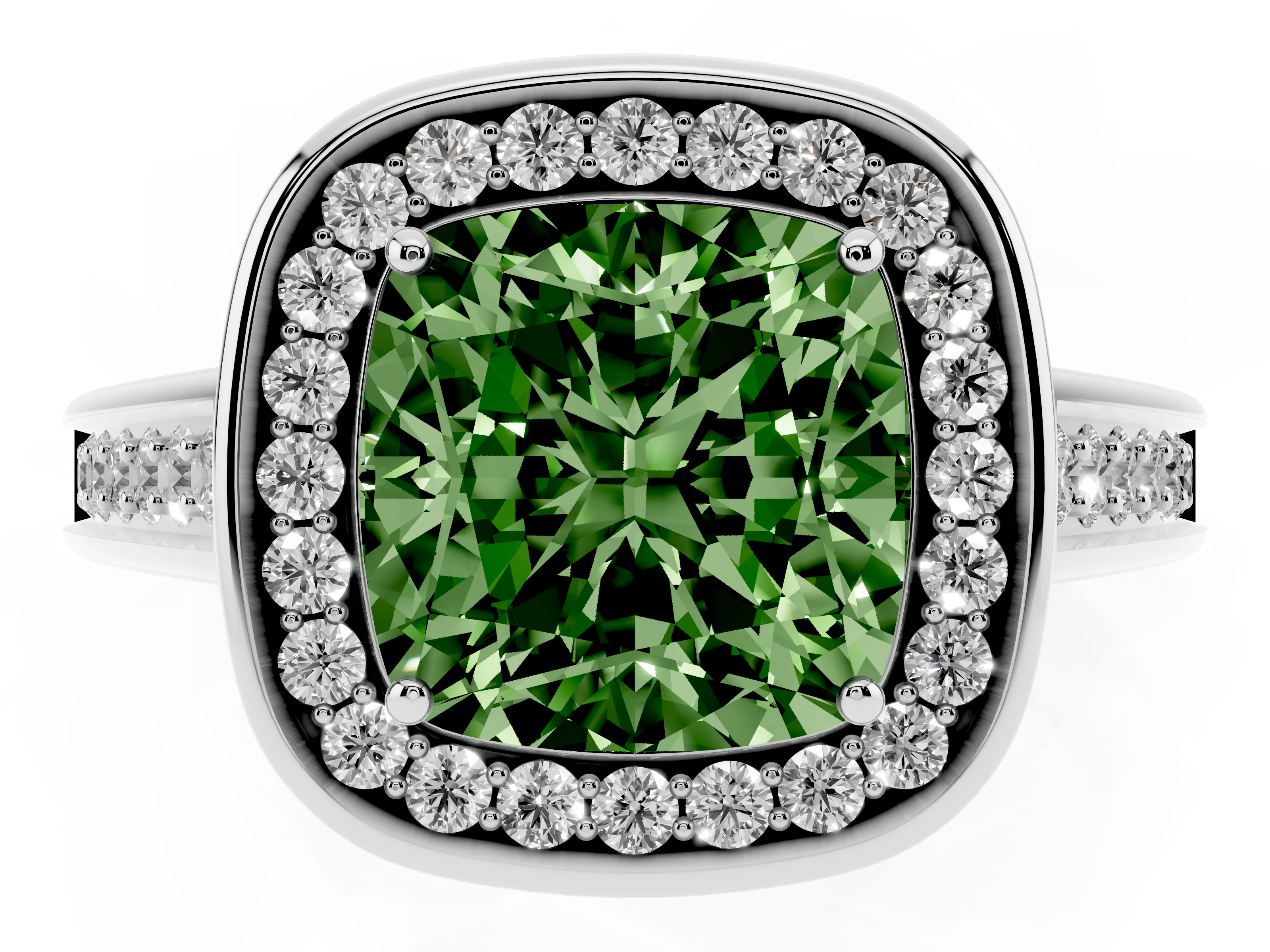 Fancy Green Cushion Cut Diamond Halo Solitaire Ring Set in Silver with Pavé Band and Bezel Setting