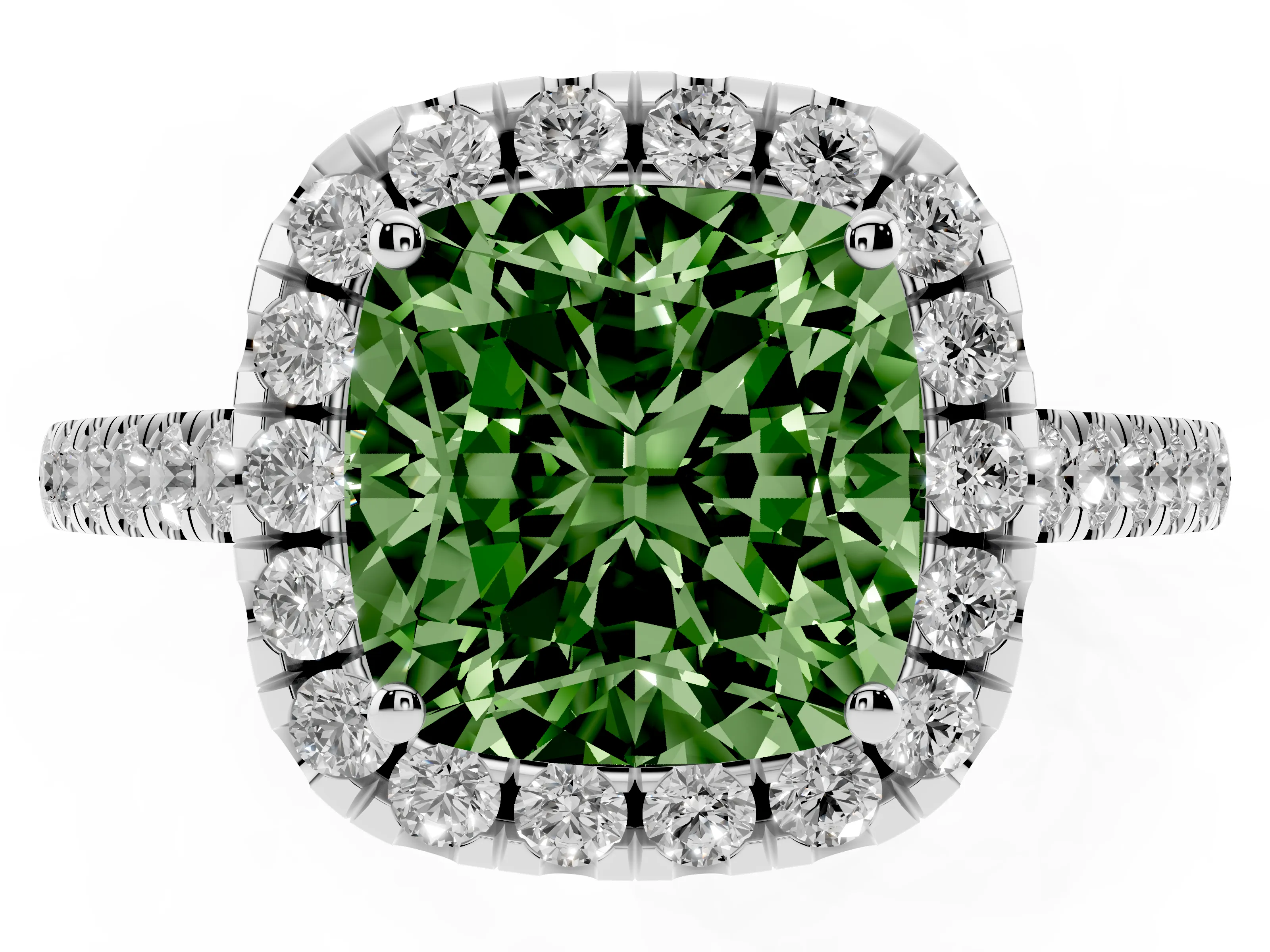 Fancy Green Cushion Cut Diamond Pavé Halo Engagement Ring Set in White gold with Pavé Band and Prong Setting