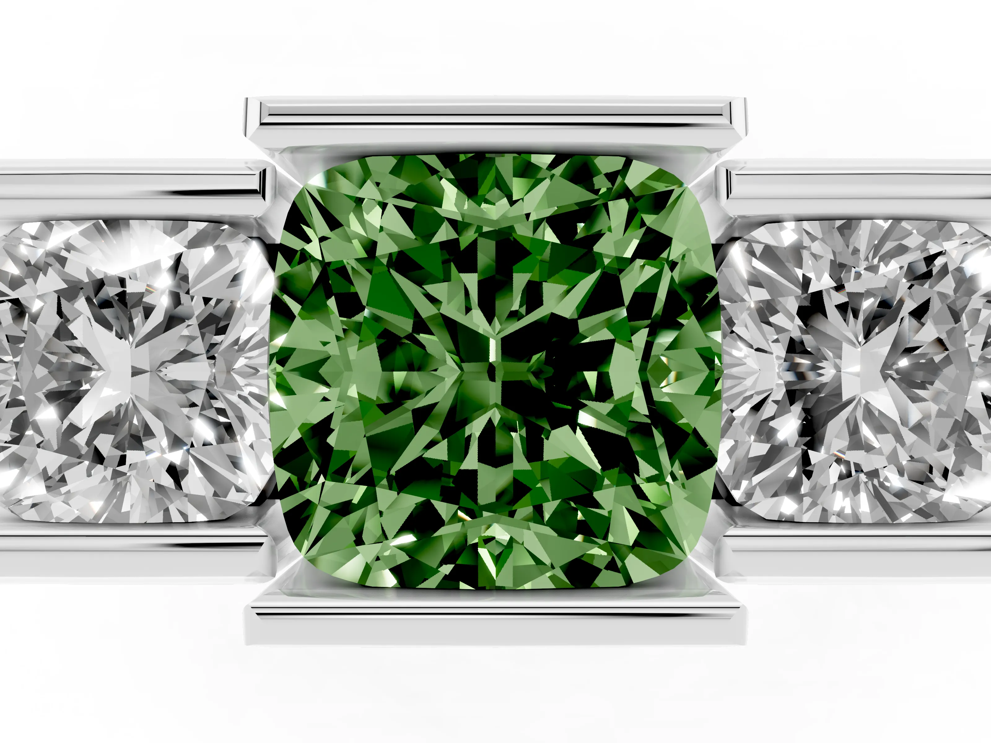 Fancy Green Cushion Cut Diamond Three-Stone Channel Set Ring Set in Platinum with Smooth Polished Band