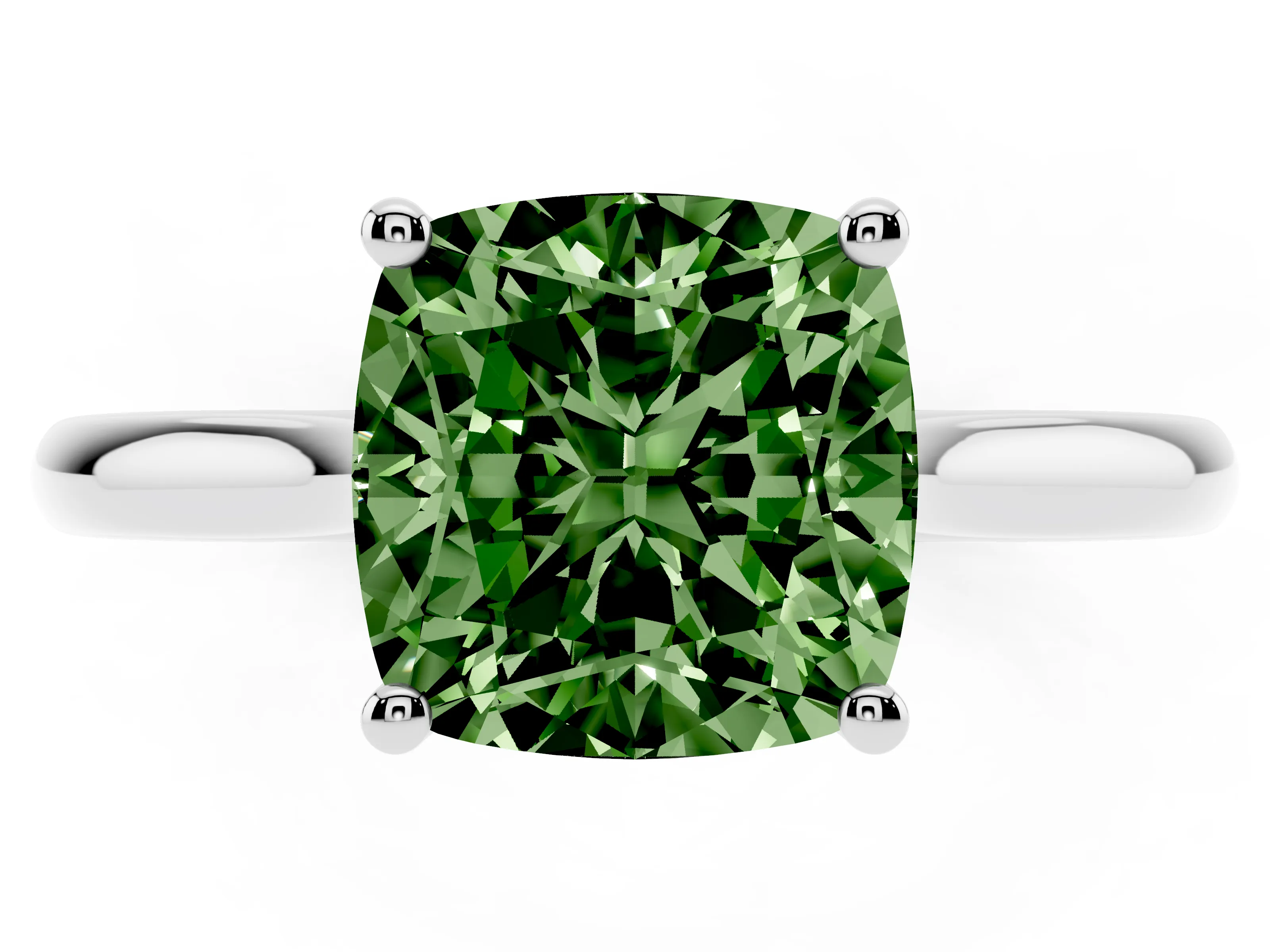 Fancy Green Cushion Cut Diamond Solitaire Ring Set in White gold with Cathedral Band and Prong Setting
