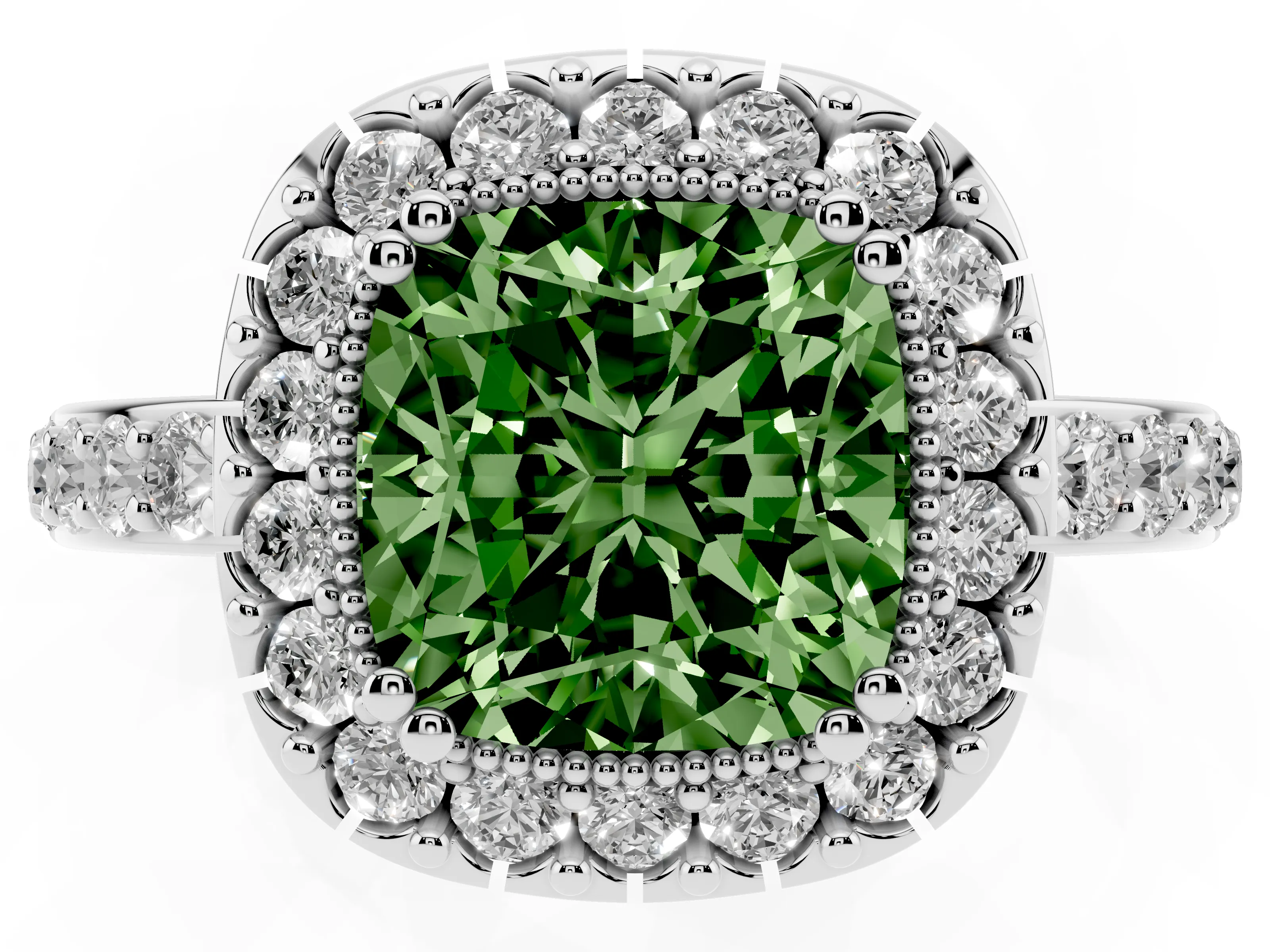 Fancy Green Cushion Cut Diamond Halo Ring Set in White gold with Pavé Shank and Prong Setting