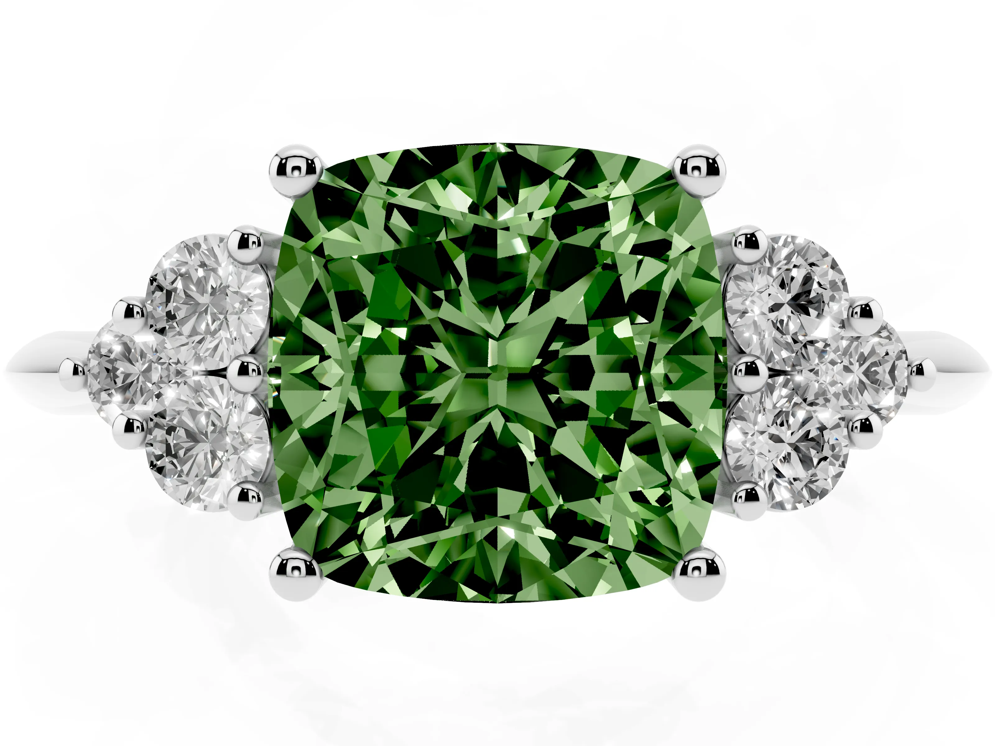 Fancy Green Cushion Cut Diamond Cluster Ring Set in White gold with Plain Band and Prong Setting